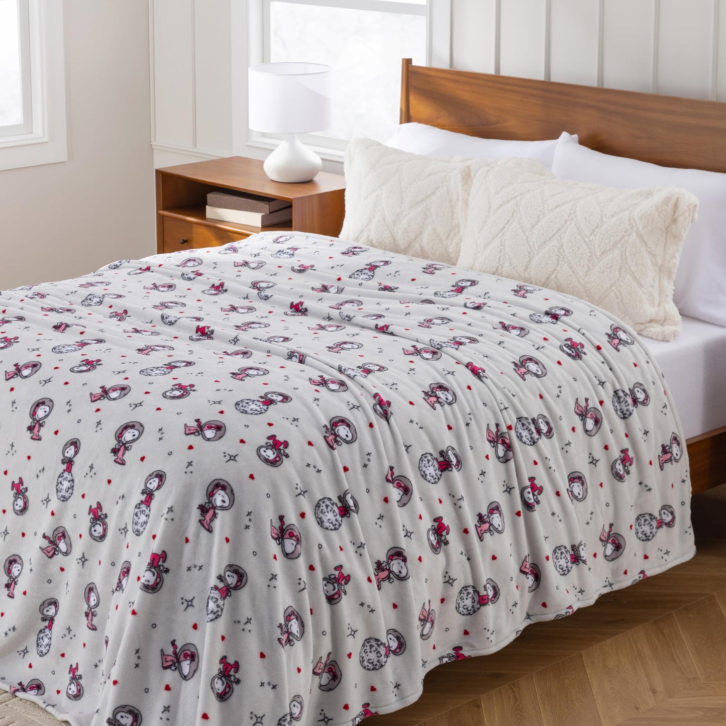 Berkshire Peanuts® VelvetLoft® Cute Character Snoopy Plush Throw Blanket,Over the Moon for You Light Grey,Throw 55 in x 70 in (Official Peanuts® Product)