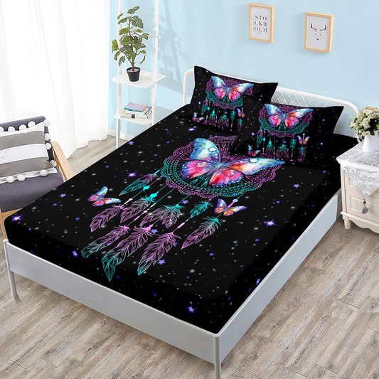 HOSIMA Butterfly Fitted Sheet Twin Size for Girls,Dream Catcher Bedding Set for Women Girls Room Decor Aesthetic,Black Galaxy Starry Print Boho Bedding Set with 2 Pillowcases.