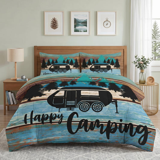 Pamnest Comforter Set Queen Size, Camper Rv Car Soft 3 Pcs Bedding for Kids and Adults, Camping Vehicle Camp Comforter Set with Pillowcase, for Bedroom Bed Decor