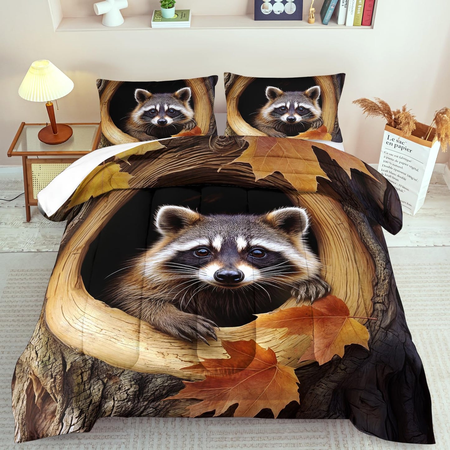 llyxsesty Cute Raccoont Comforter Set Queen Kids Comforter Set for Girls Queen Brown Animal Bedding Boys Forest Bedding Kawaii Raccoont Room Decor Cute Animal Print Bedroom Decor Kawaii Pet Quilt