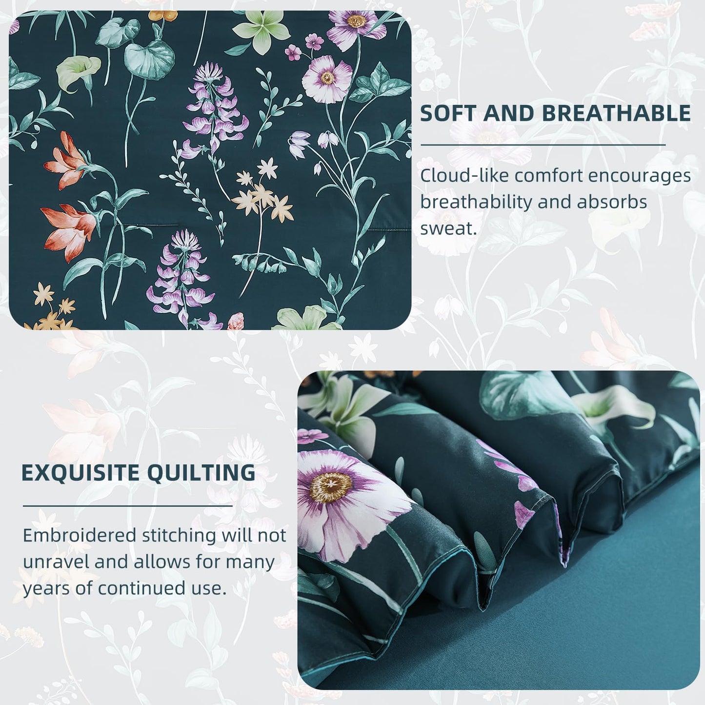DJY Floral Comforter Set King Size,Peacock Blue Botanical Bedding Comforter Sets,7 Pieces Bed in a Bag Lightweight Microfiber Comforter Set with Sheets Pillowcases & Shams for All Seasons