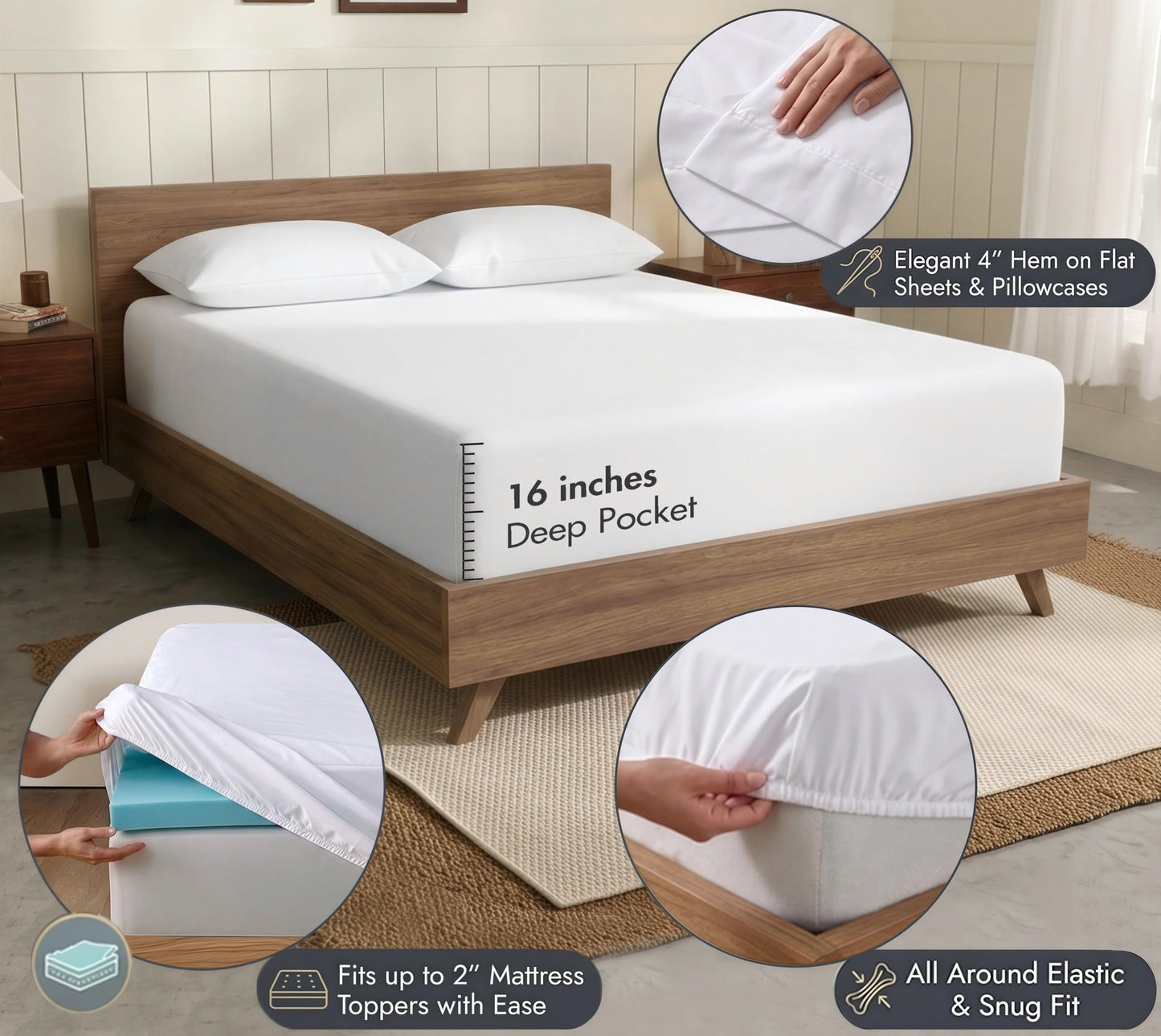 RUVANTI 100% Cotton Percale Sheets, Full Size, Bright White