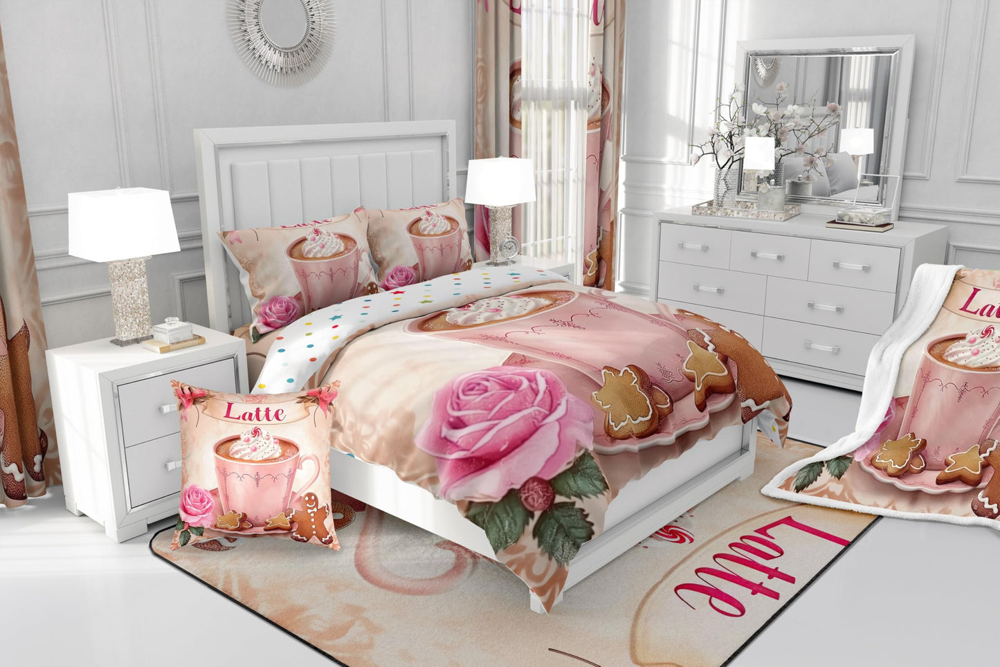 Erosebridal Girls Latte Bedding Set for Kids Teens,Pink Bowknot Roses Comforter Set Full Size,Delicious Dessert (Comforter+Fitted+Flat Sheet+2 Pillowcases+2 Throw Pillow Covers) 7 Pieces Bed Set