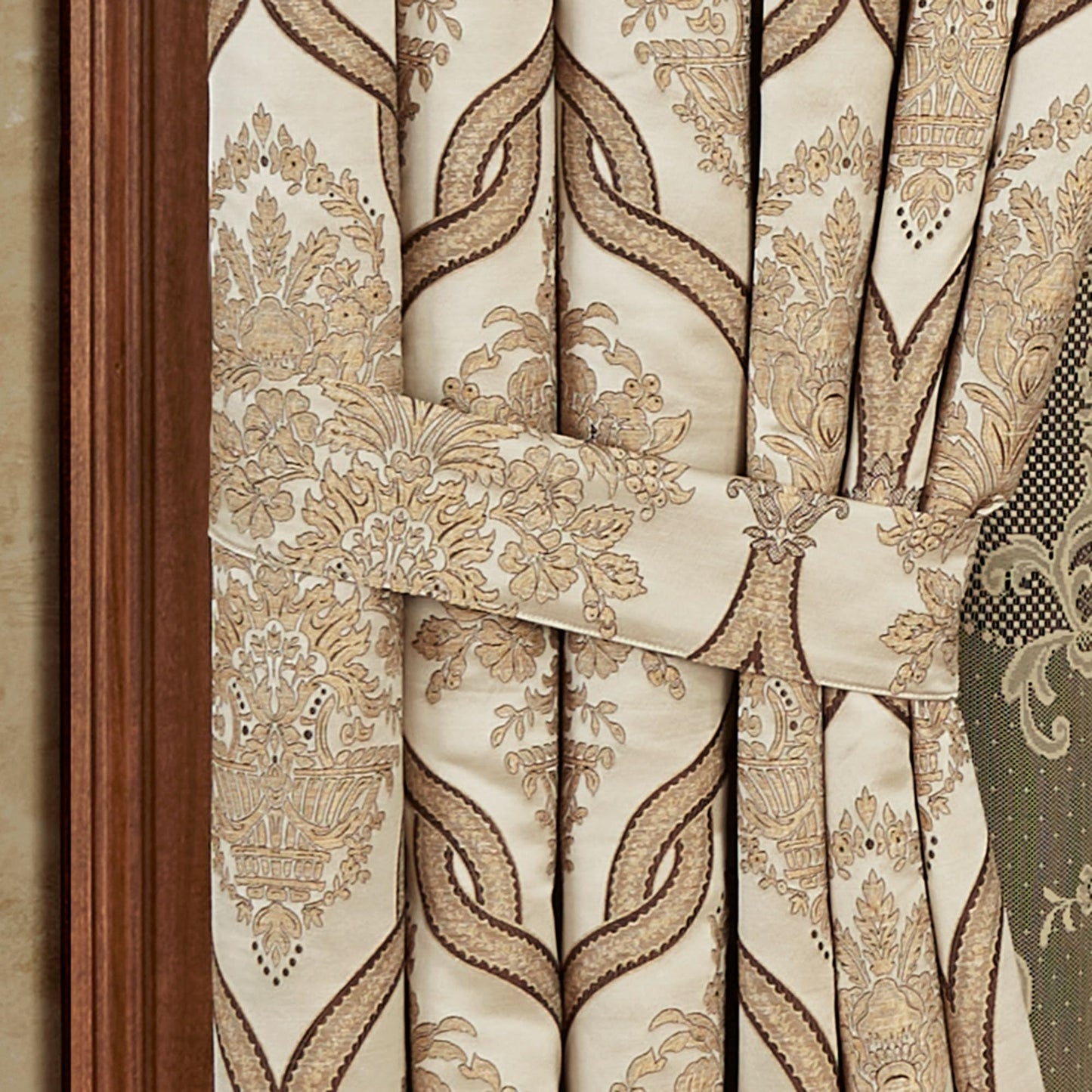 Luxurious Barrington Traditional Window Treatment | Sophisticated Jacquard Woven Damask Medallion Quatrefoil | Light Gold, Champagne, Chocolate | Drapery Set | Wide 95L Curtain Pair, 3 Ascot Valances
