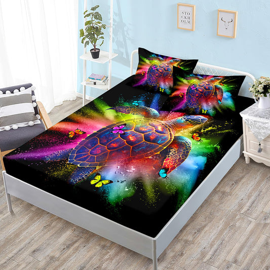 HOSIMA Watercolor Sea Turtle Fitted Sheet Set Full Size,Tie Dye Ocean Turtle Butterfly Bedding,Marine Life Theme Fitted Sheet for Kids Room Decor,1 Fitted Sheet+2 Pillowcases.