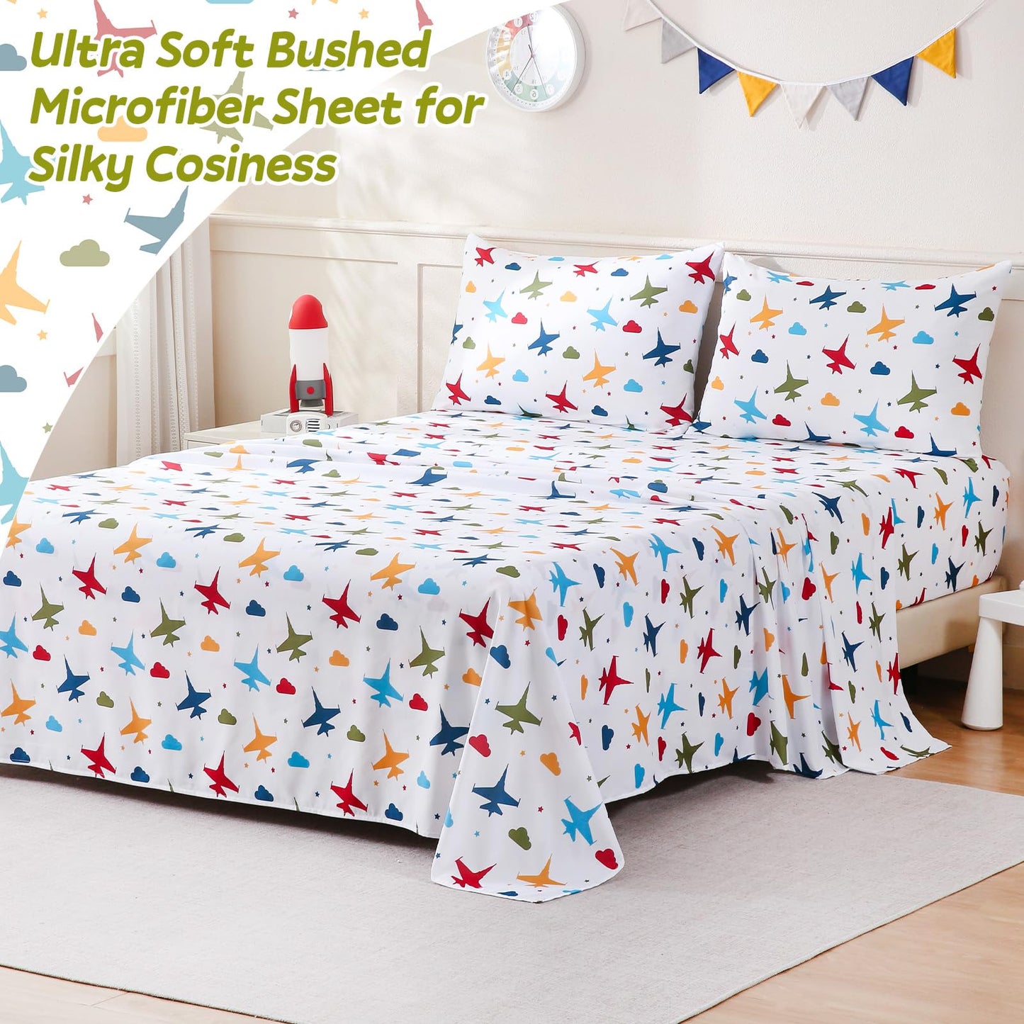 ChicView Queen Sheet Set Kids,4 Pieces Breathable Soft Microfiber Bedsheets for Child Boys Girls, Anti Pilling Deep Pockets Easy Care Bed Sheets, Aircraft
