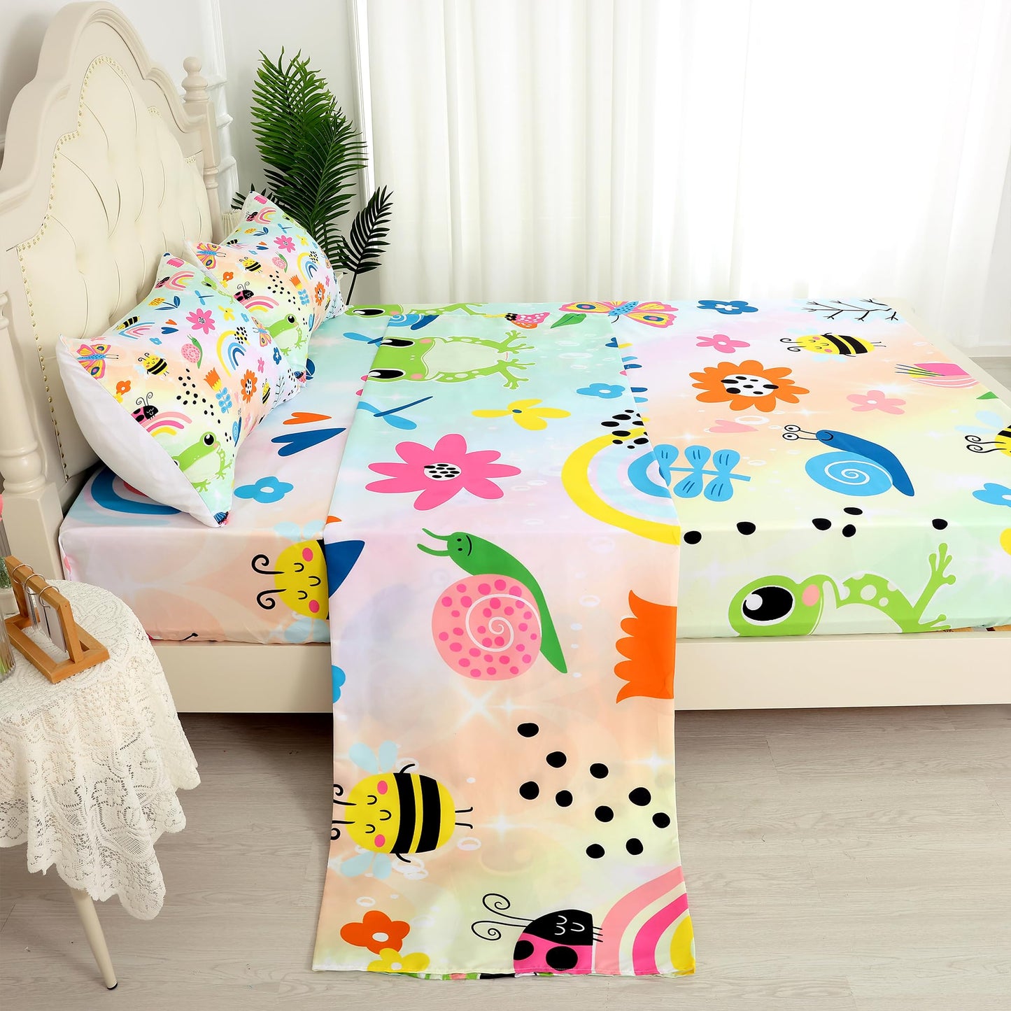 FUYEUN Rainbow Frogs Fitted Sheet Sets,Cartoon Floral Kids Bedding Twin Size for Girls Teens Adults Bedroom Bed, Kawaii Sheets Bedspread Set,1 Flat Sheet 1 Fitted Sheet 1 Pillowcase