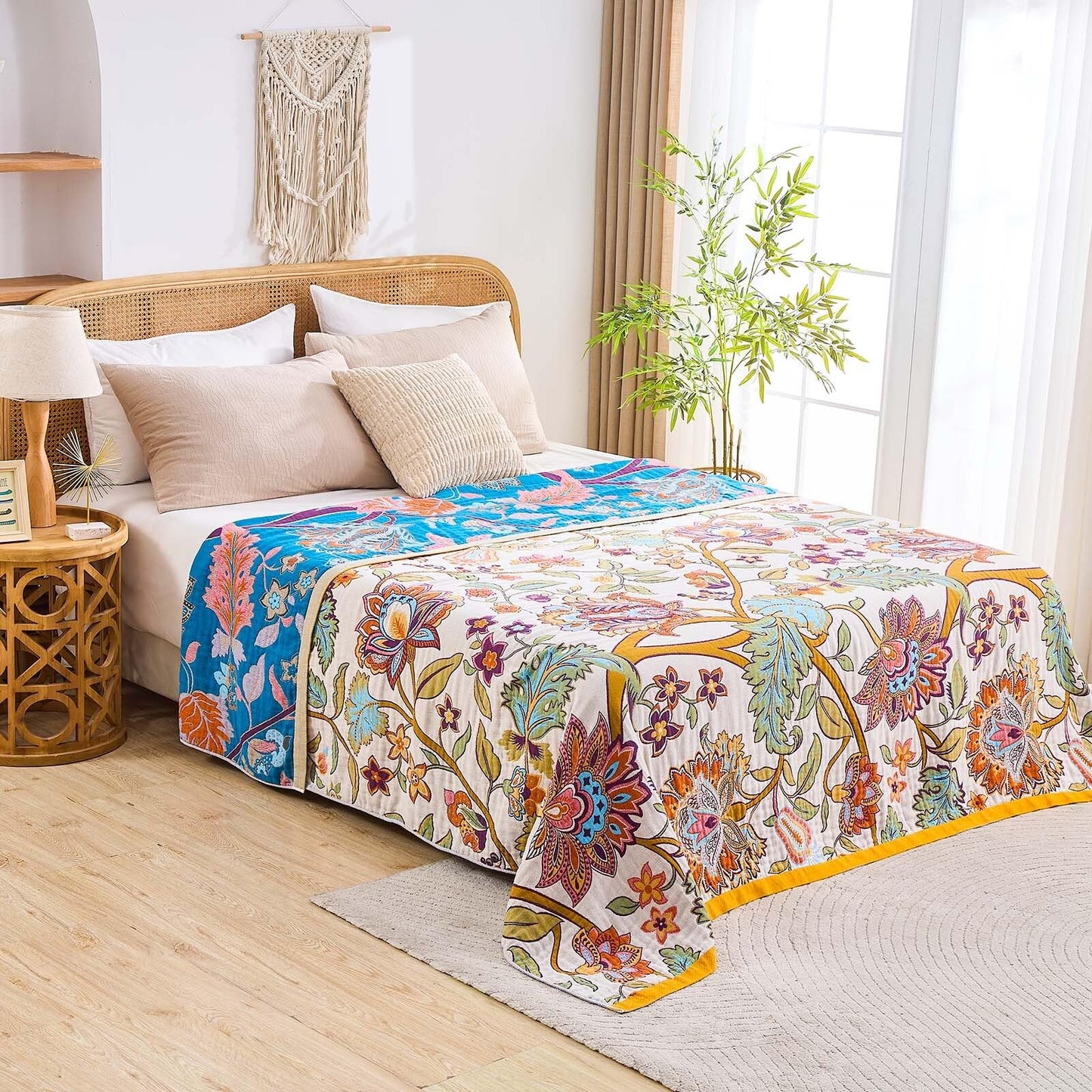 XIBLC Boho Throw Blanket for Bed, 100% Cotton Soft Rustic Quilt Fall Blanket, 60"x80" Floral Printed Farmhouse Decor Bed Blankets, All Season Rustic Reversible Bohemian Throw Quilt