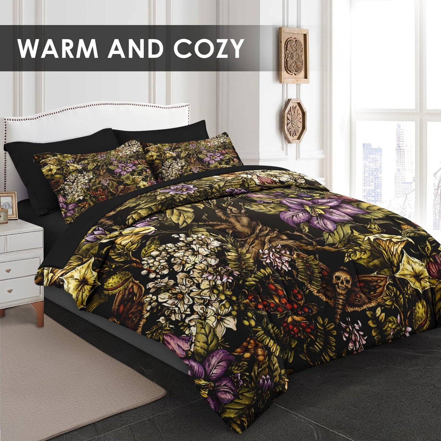 Pamnest Comforter Set Full Size, Gothic Flower Tree Plants 7 Pcs Bedding for Kids and Adults, Death Moth Green Bed Sheet Sets with Fitted Sheet 2 Pillowcases & 2 Shams for Bedroom Bed Decor