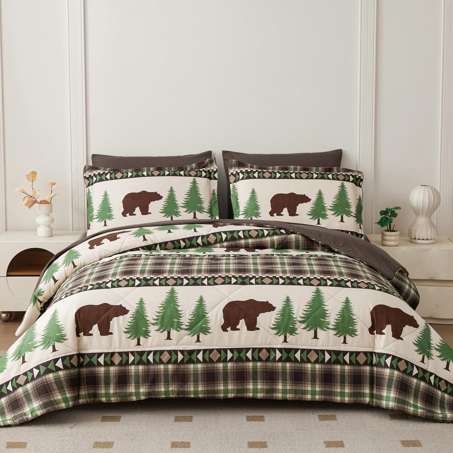 Smuge Lodge Moose Comforters Queen Size Set - 7 Pieces Bed in a Bag Bear Rustic Cabin Country Comforter Sets Queen Bed, Down Alternative Bedding Sets, Sheets, Pillowcases & Shams(Coffee Green)