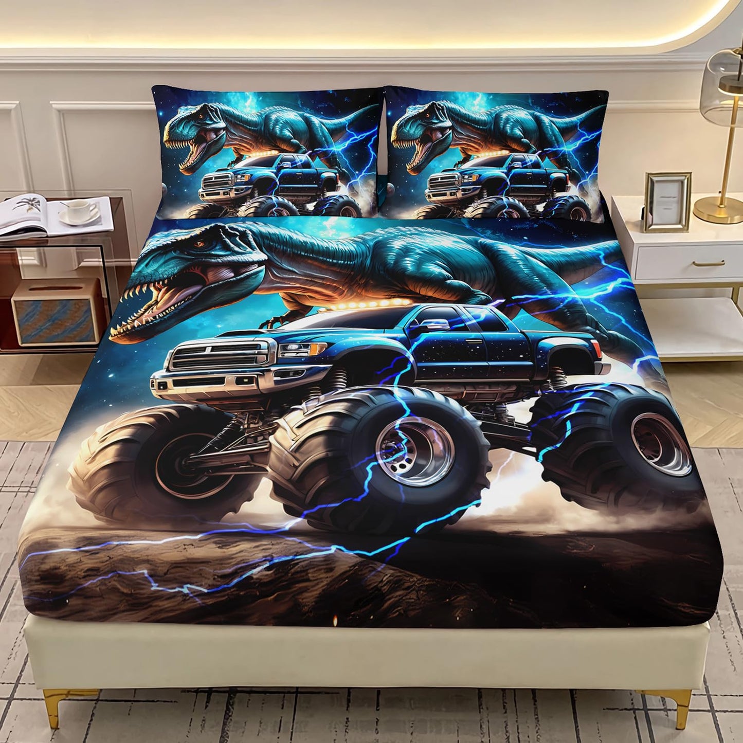 AILONEN Kids Dinosaur Sheets Boys Monster Bedding Set,3D Space Galaxy Dinosaur Fitted Sheet Twin Size with 2 Pillowcases,3 Pieces
