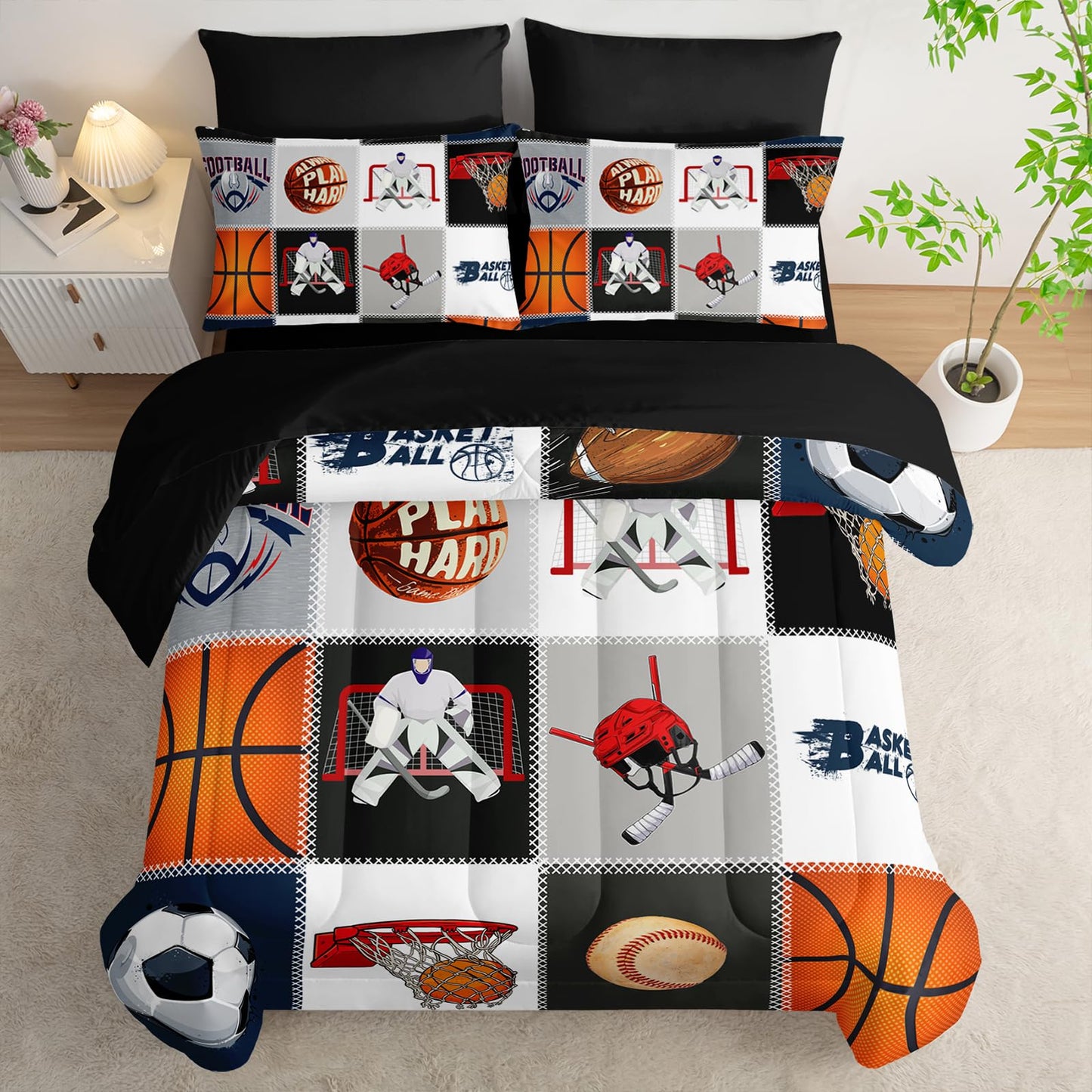 AILONEN Sports Comforter Set Twin Size,Basketball Football Soccer Ball Print Player Bed in a Bag,7Pcs Soft Microfiber Comforter,Fitted Sheet,Flat Sheet,2 Pillowcases,2 Pillow Shams for Kids Boys Men