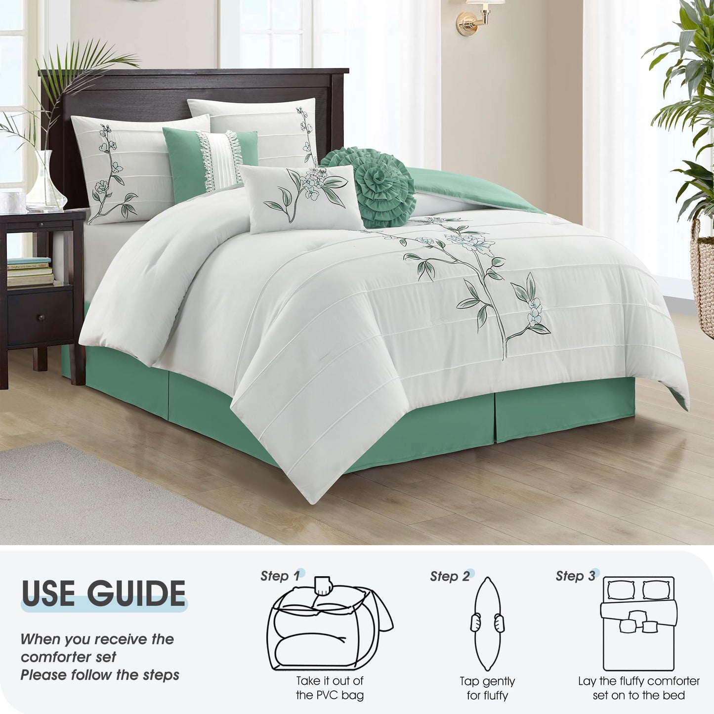 LANCO MODERN LIFESTYLE 7 Piece California King Comforter Set, Green White, Floral Embroidery, Microfiber Pleating Bedding Set for All Seasons with Comforter, Bed Skirt, Pillow Shams and Decor Pillows