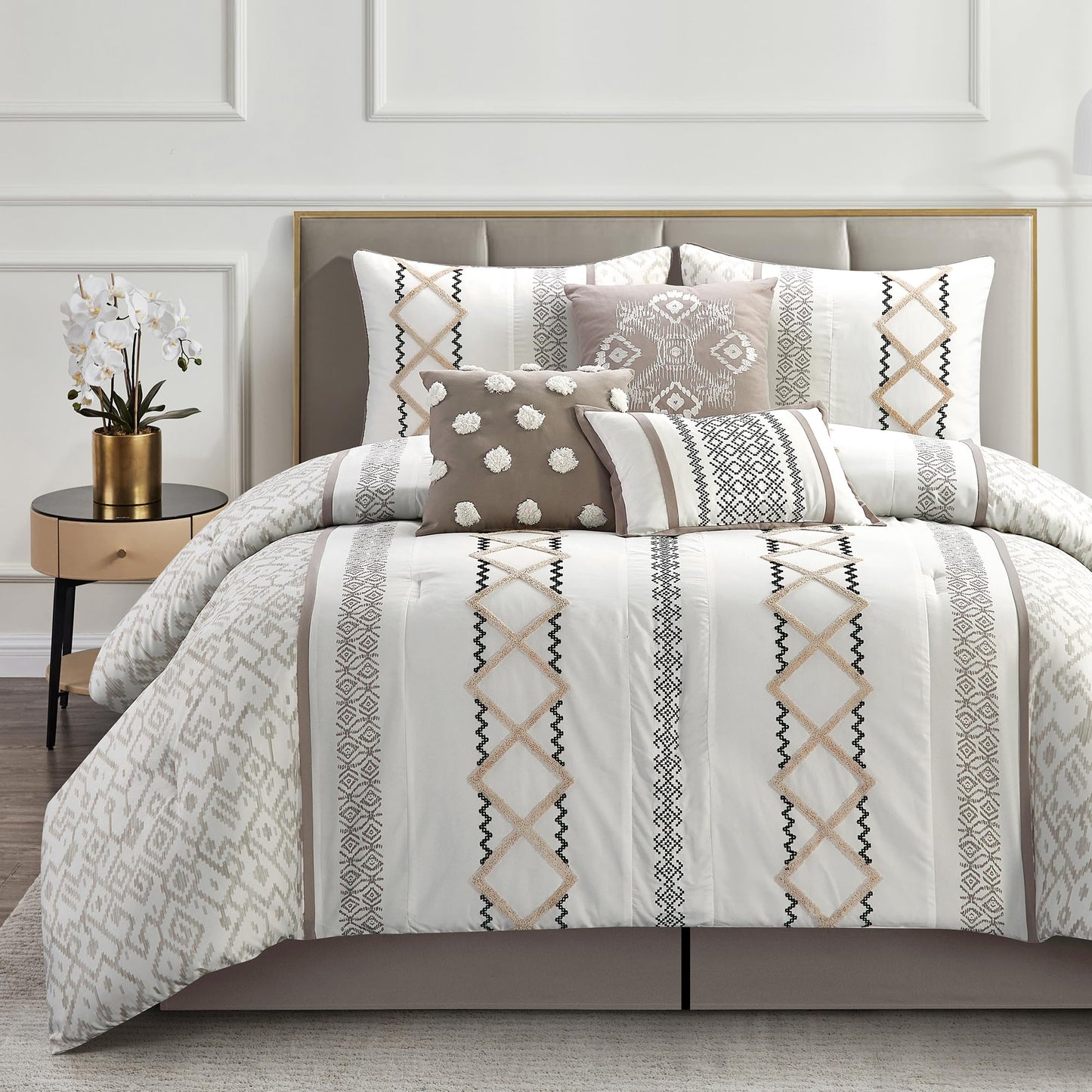 LANCO MODERN LIFESTYLE Taupe Queen Comforter Set, 7 Pieces All Season Bedding Sets in a Bag with Geometric Terry Embroidered Comforter, Bed Skirt, Pillow Shams and Decorative Pillows