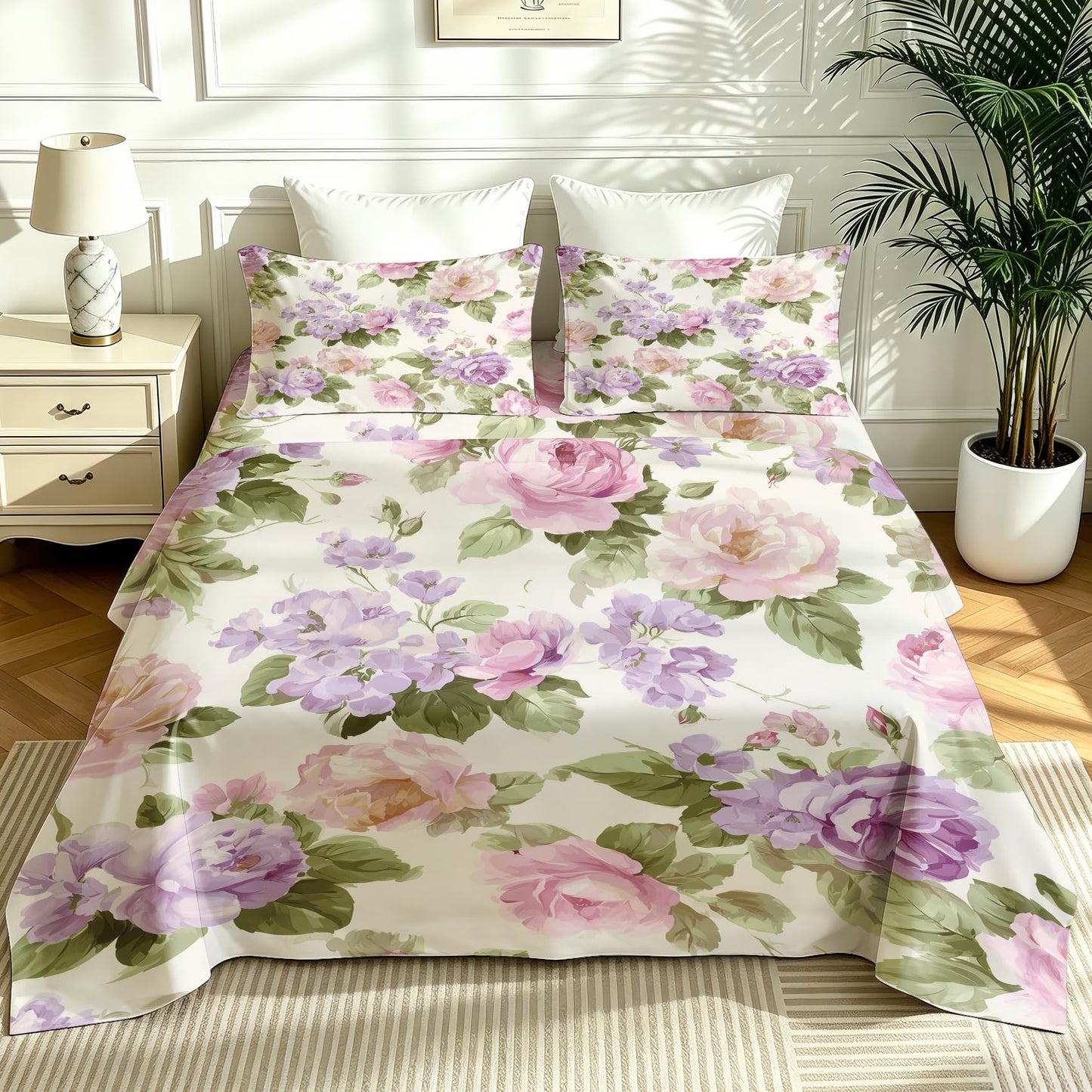 Purple Peony Queen Sheet Set 4 Pcs Watercolor Flowers Bed Sheets