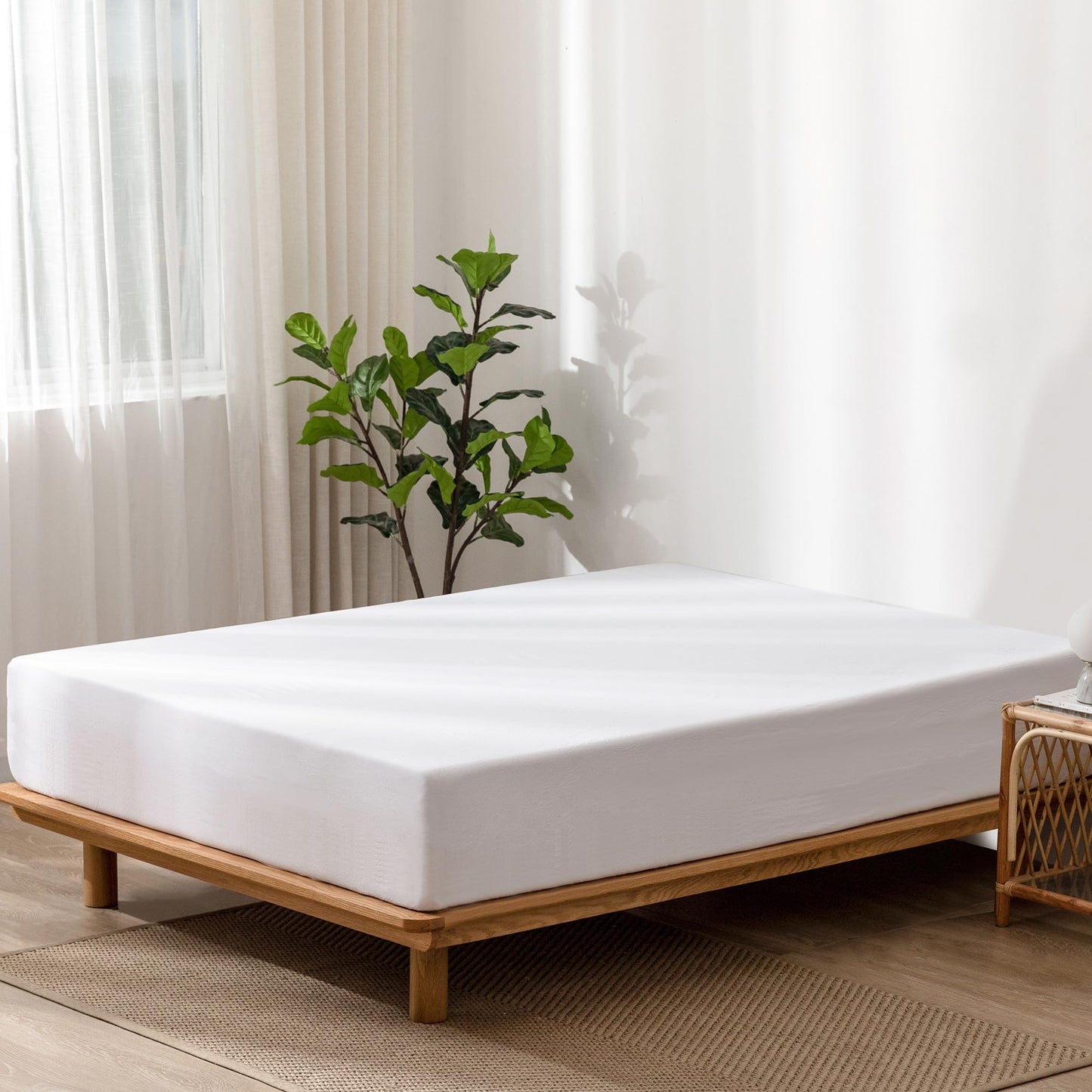 MooMee Fitted Bottom Sheet Only 100% Washed Cotton Linen Like Textured Breathable Durable Soft Comfy Deep Pocket Fits Mattress up to 17" (Bright White, Queen)
