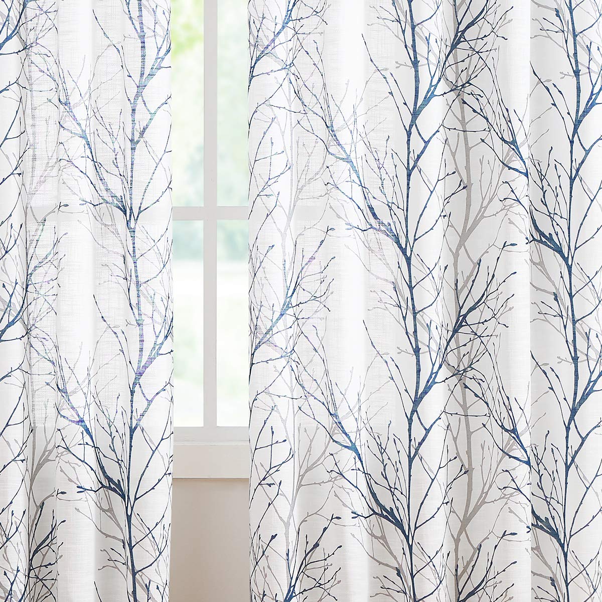FMFUNCTEX Blue White Curtains 50" X 45" for Kitchen Living Room Tree Branch Print Wrinkle- Free Small Linen Texture Semi Sheer Window Panels for Bedroom 2 Panels, Grommet Top