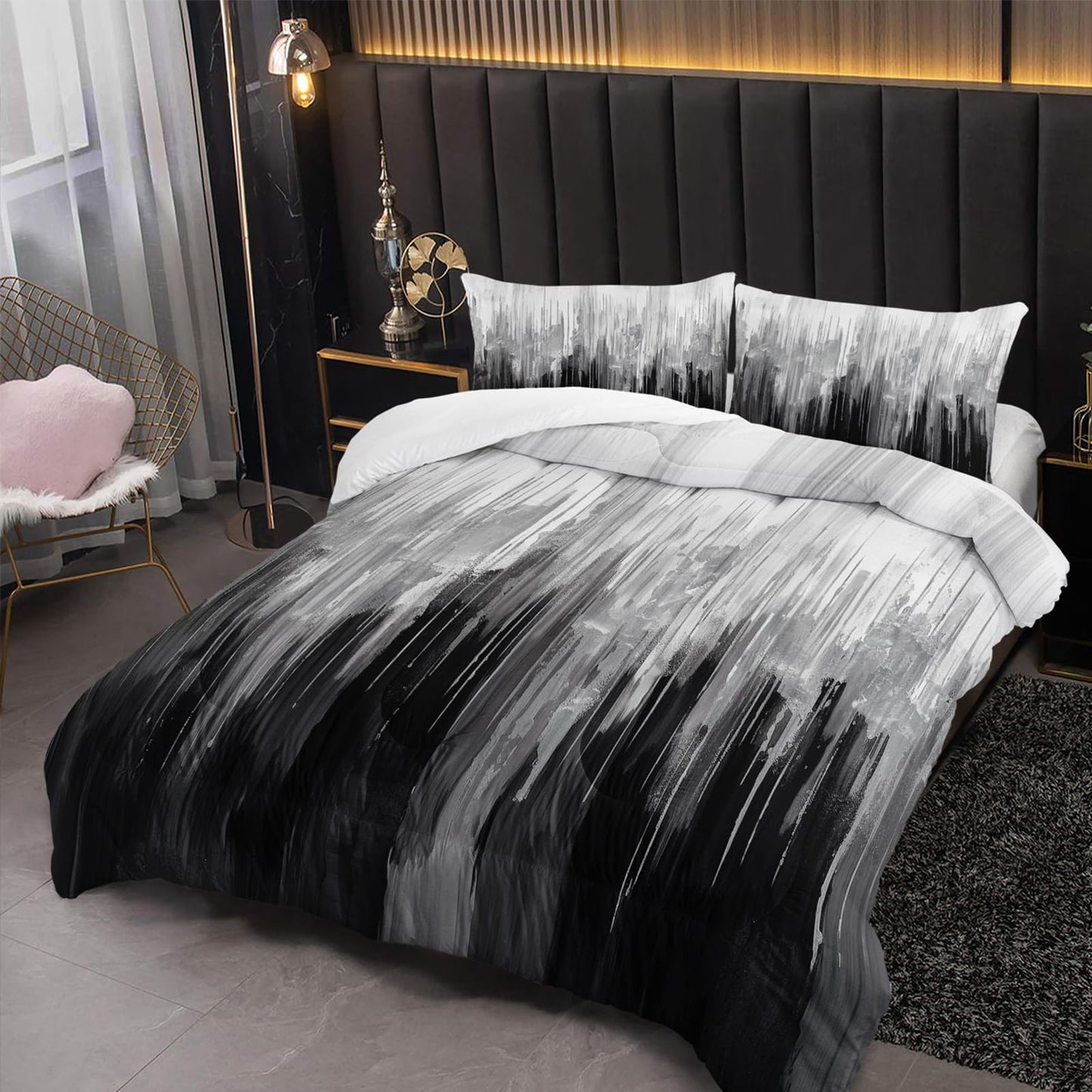 Nttopship Grey Black White Gradient Print Comforter Set Queen Size,Abstract Art Bedding Set,Patchwork Printed Quilted Set for Teens Adult,with 1 Comforter and 2 Pillow Case