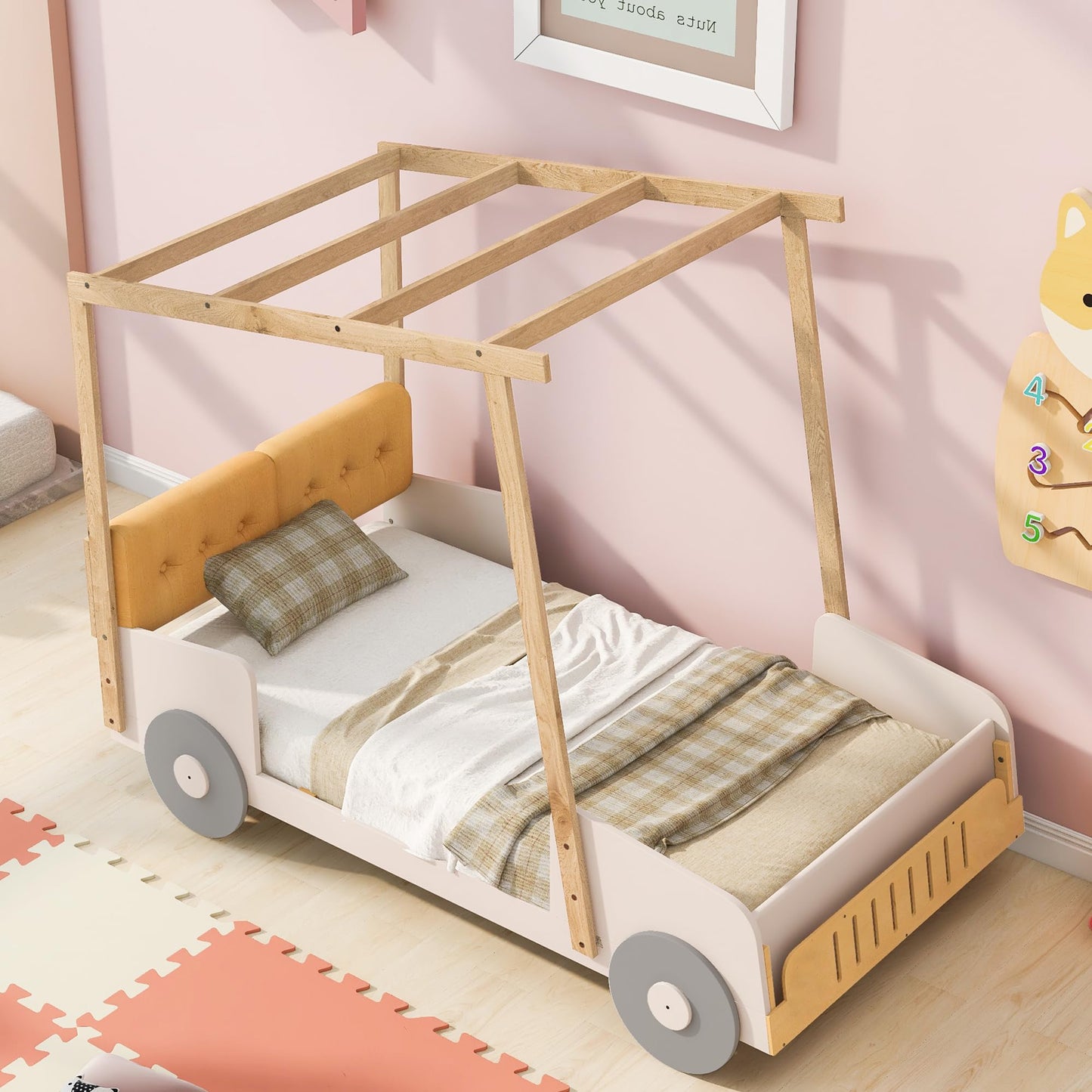 Harper & Bright Designs Twin Size Car Bed with Pillow, Ceiling Cloth, Twin Wooden Kids Playhouse Bed Frame, Wood Twin Platform Bed for Boys Girls Teens (Natural, Twin)