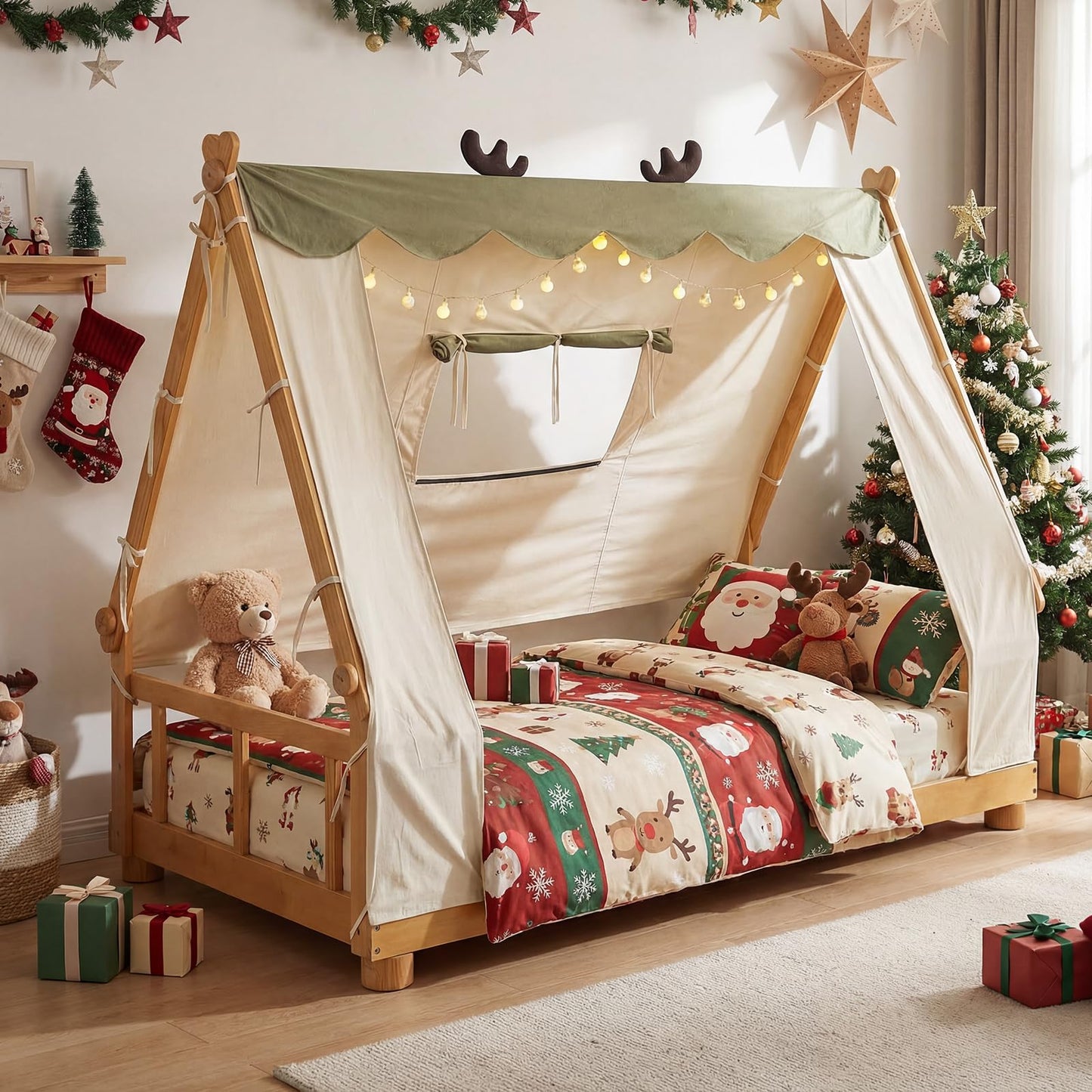 Costzon Twin Bed Frames for Kids, Wooden House Antlers-Shaped Floor Bed