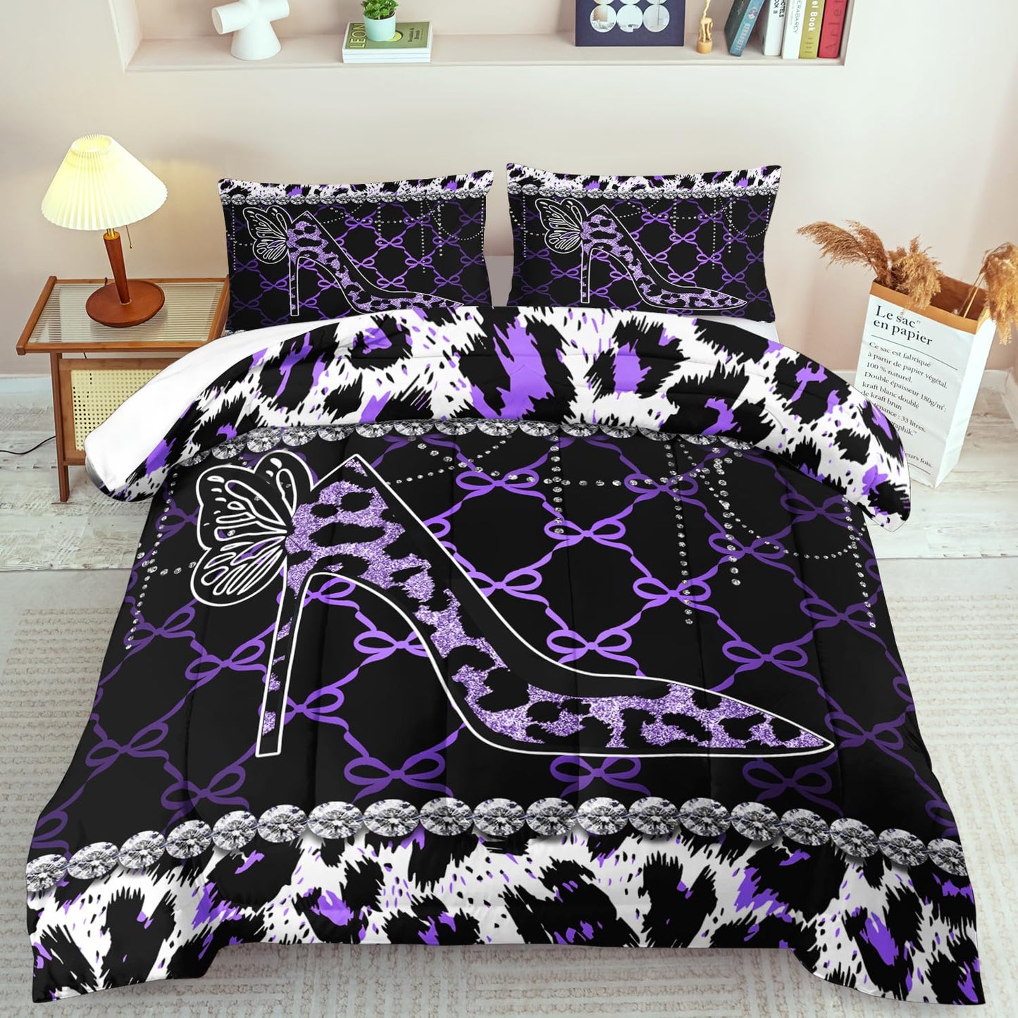 llyxsesty Purple Cheetah Print Comforter Set King Women Sexy High Heels Leopard Print Bedding Set Girls High Heels Leopard Comforter Quilt Animal Bedroom Decor Cheetah Bedding Bed Decor