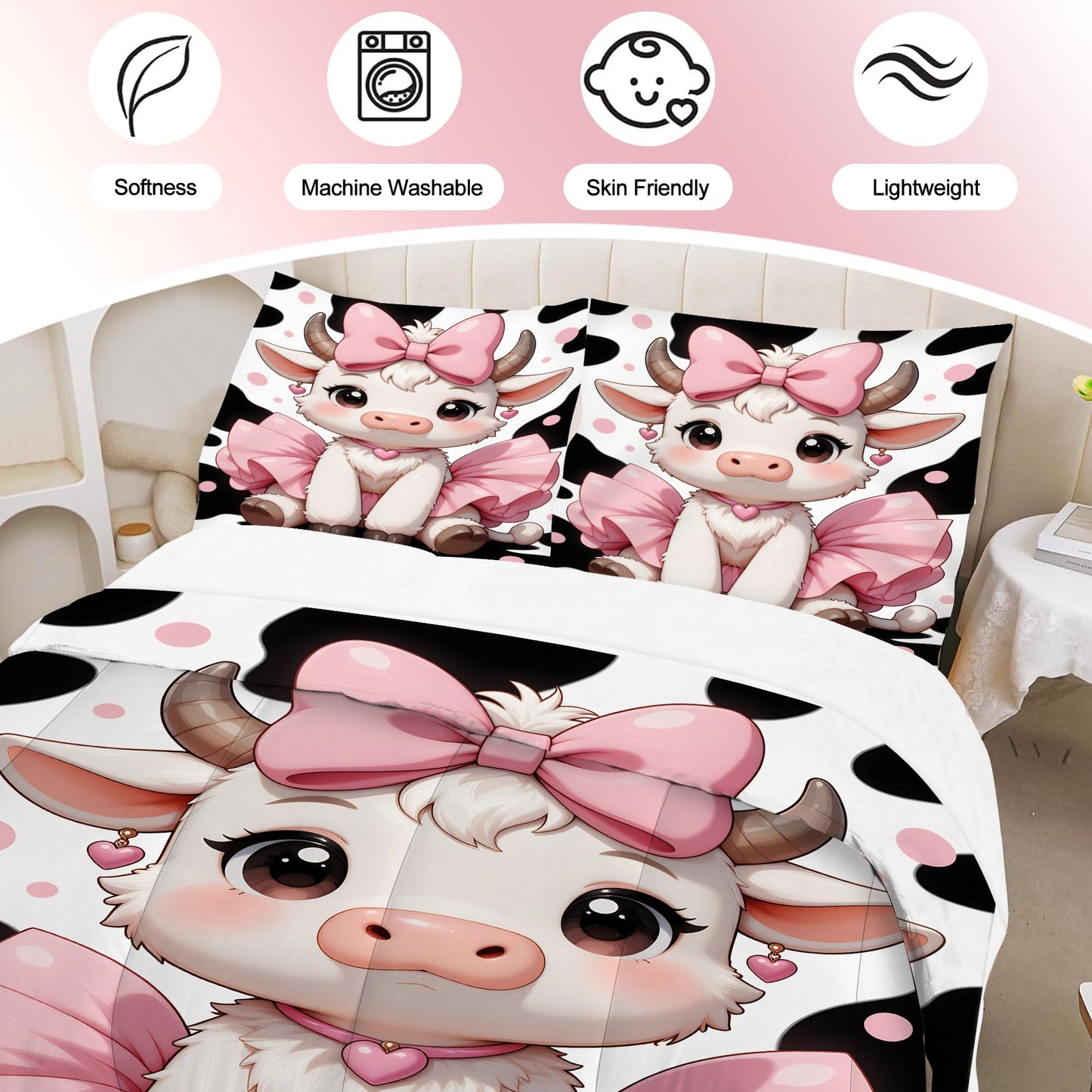 VTKON Cute Girls Cow Comforter Set Twin Size for Kids Teens Pink Bow Tutu Cow Bedding Set Kawaii Cartoon Animal Bed Set for Toddler Nursery Bedroom Decor Soft Quilt Set with 1 Pillowcase