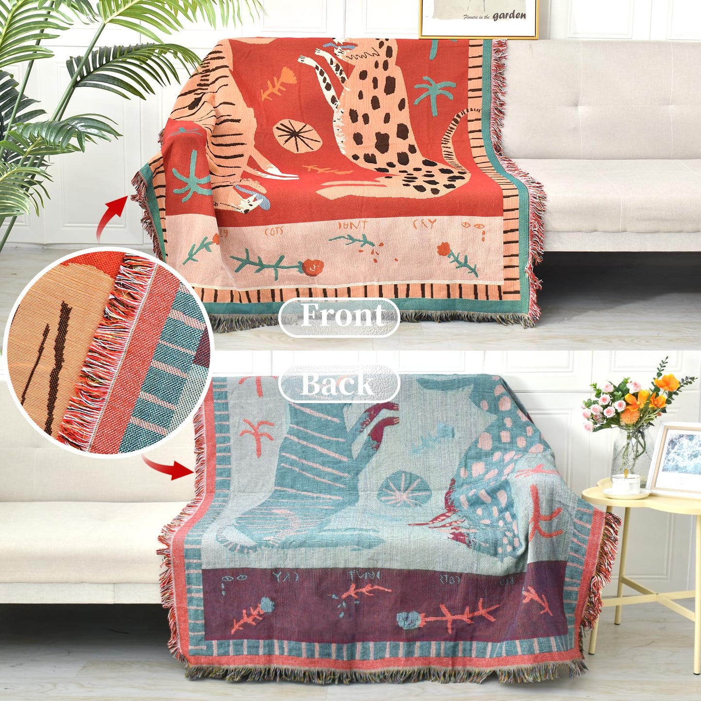 Shesyuki Boho Throw Blanket Reversible Cotton Bohemian Tapestry Hippie Room Decor Outdoor Blanket Double Sided (Boho Leopard 50"x60")