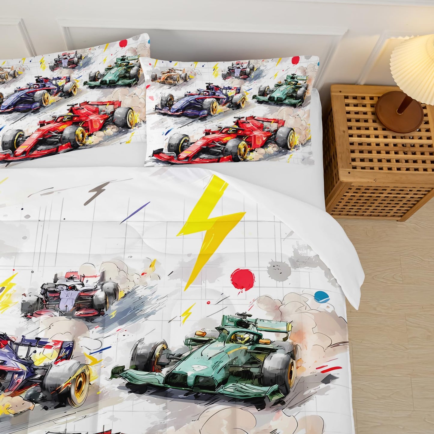 lneffble Race Car Comforter Full Size,Race Car Kids Comforter Set,3Pcs Bedding Set Printed Comforter with 2 Pillowcases,Down Alternative,Soft and Lightweight,for All Seasons