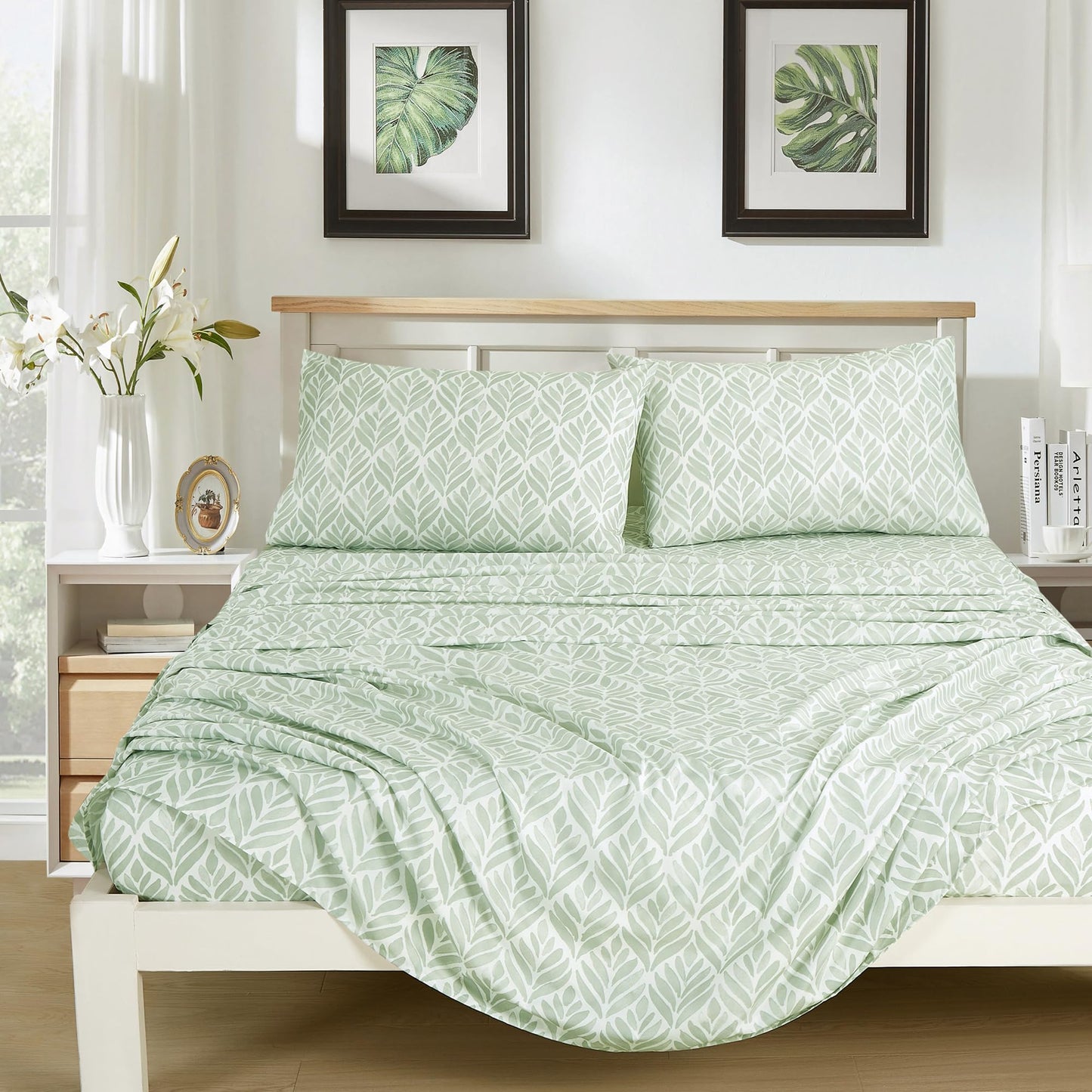 Chezmoi Collection Medina 4-Piece Tranquil Leaf Bed Sheet Set - Soft Green White Leaves Printed Microfiber 14-Inches Deep Pocket Sheets & Pillowcases Set, California King