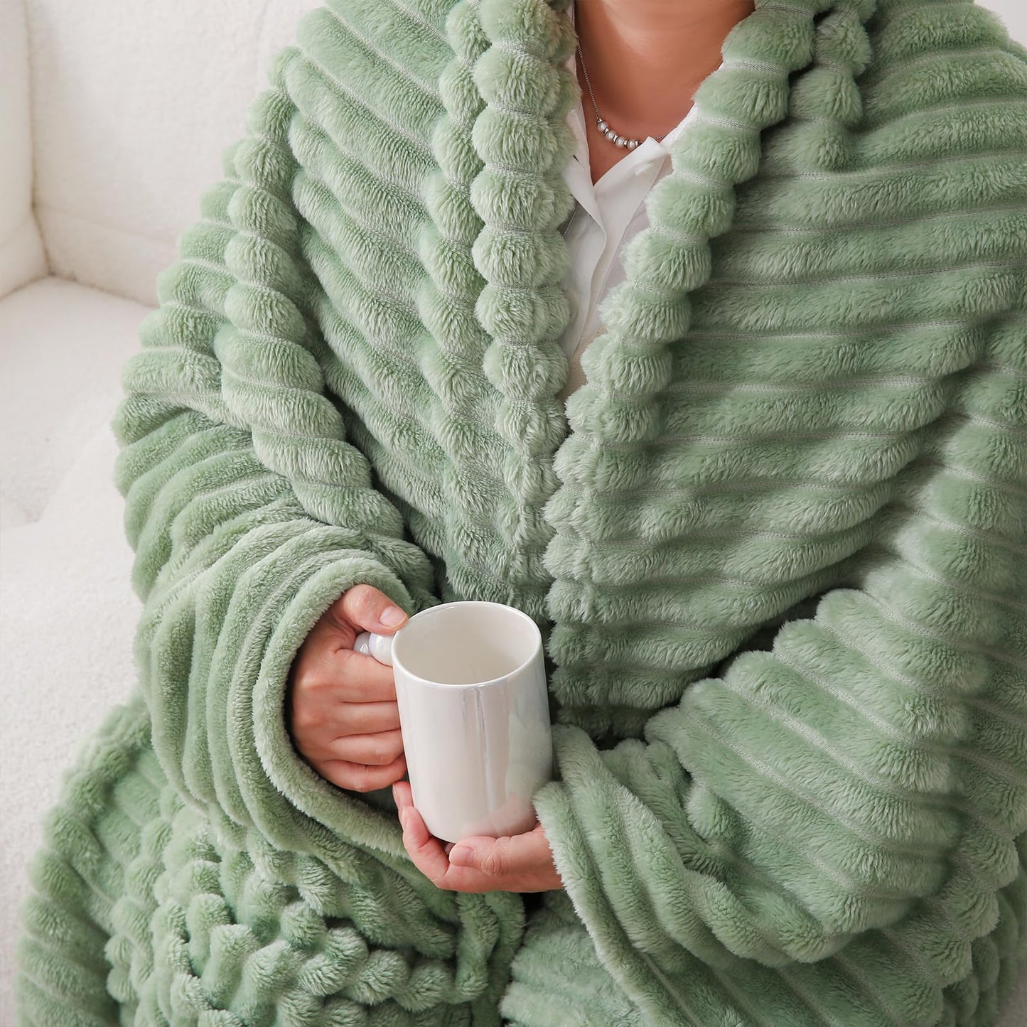 Linecooo Sage Green Fleece Throw Blanket 50”×60” for Couch Sofa Bed,Super Soft Cozy Plush Microfiber Flannel Blanket with Stripes Design Lightweight for Adults,Woman,Girls