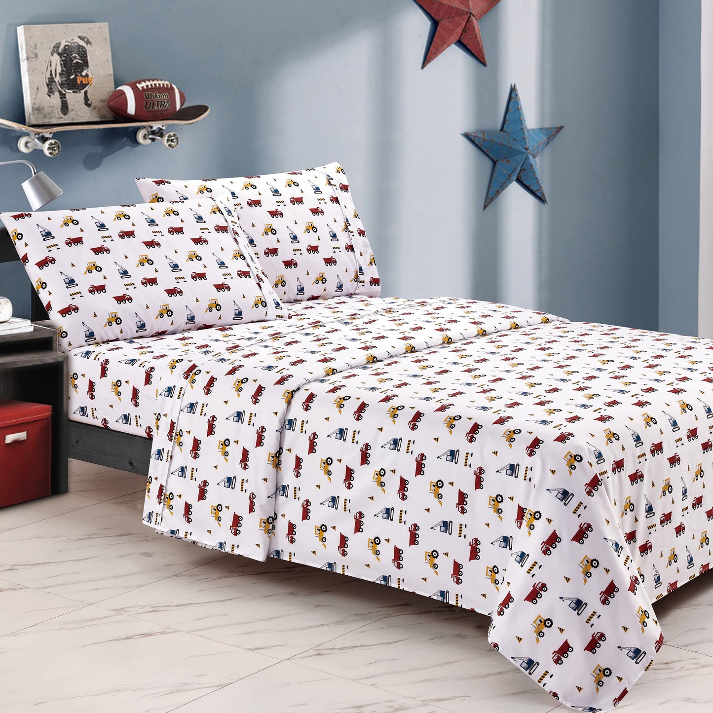 Softan Bed Linen Set for Kids, Twin Size, 3Pcs, Microfiber, Trucks Design, Deep Pocket