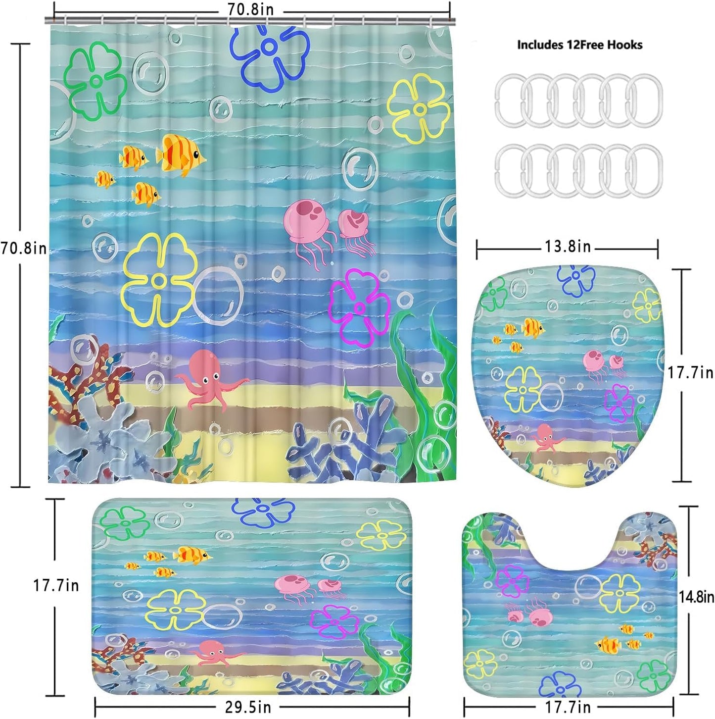 Yddsky 4Pcs Kids Ocean Cartoon Shower Curtain Set with Non-Slip Rugs, Toilet Lid Cover & Bath Mat, Waterproof Underwater Bathroom Decor Sets, Cute Marine Life Bathroom Accessories for Kids Bathroom