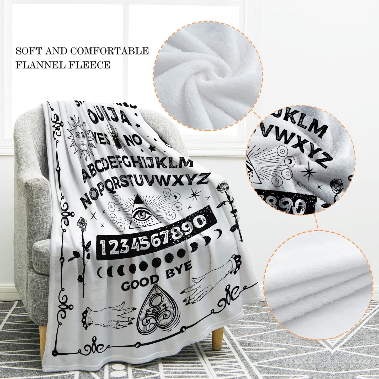 Jekeno Ouija Board Blanket Gifts for Women Men Kids Girls Boys Mother's Day for Mom Dad Home Bedroom Gothic Witch Decor Soft Throw Blankets White 50"x60"