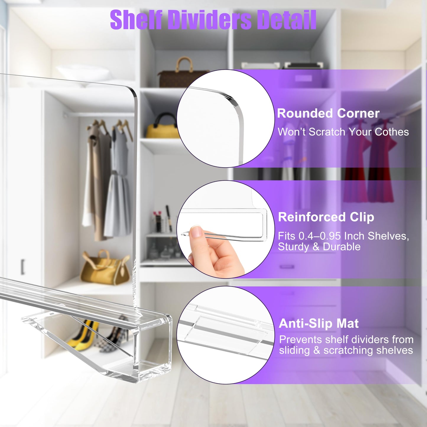ZEUMIE 12 Pcs Acrylic Shelf Dividers for Closet Organization, Clear Closet Dividers for Wood Shelves, Closet Separators for Clothes Sweaters Shirts Handbags in Bedroom, with 10 Pcs Size Dividers