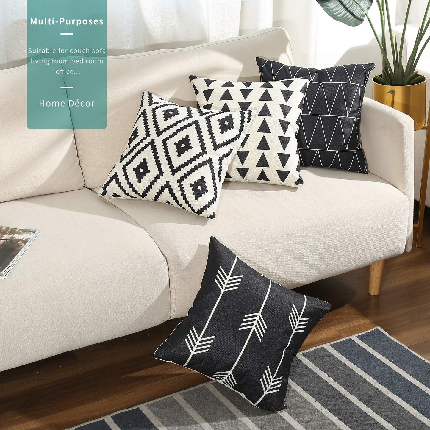 Tosewever Set of 4 Decorative Geometric 18 x 18 Inches Throw Pillow Covers - Modern Pattern Linen Square Pillow Cushion Case for Sofa Couch Bed Home Outdoor Car (18" x 18", Black)
