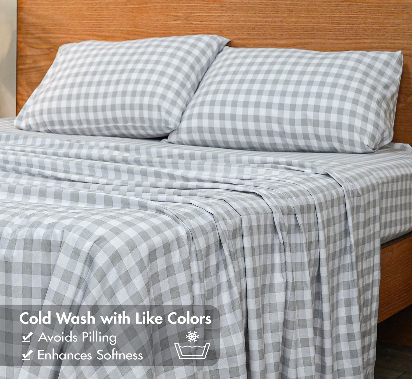 RUVANTI Flannel Sheets Queen Size - GOTS Certified 100% Organic Cotton, 4 Piece Warm, Soft & Breathable Set, Deep Pocket Snug Fit, Double Brushed Cozy All Season Bedding, Open Gingham