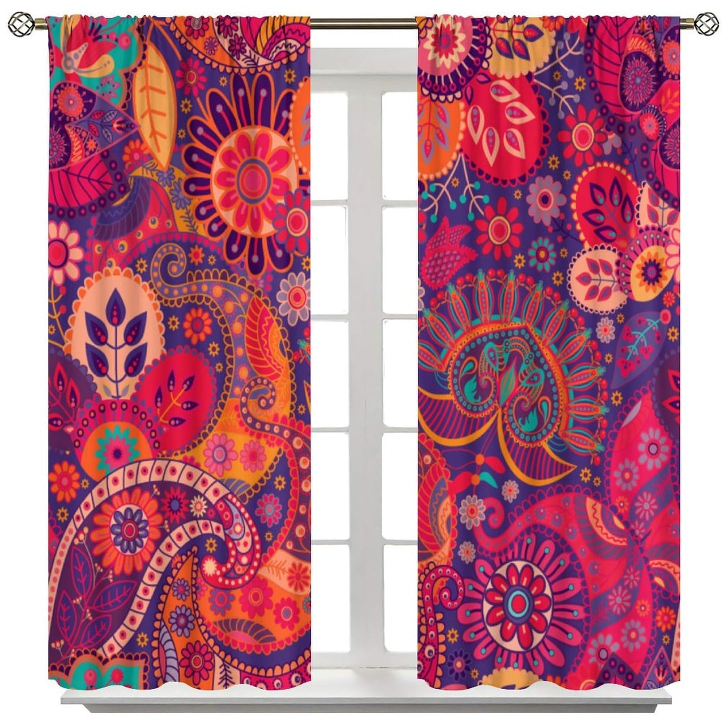 ICMOLYYENLO Vintage Bohemian Curtains, Abstract Paisley Floral Boho Style Indian Mandala Pattern Print Living Room Blackout Curtains for Bedroom 42x44 Inch