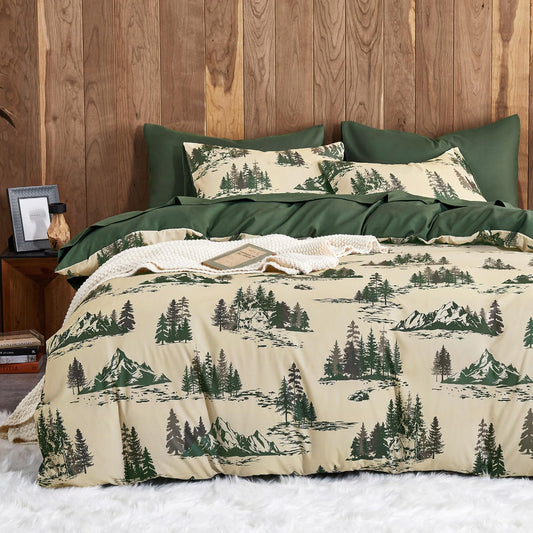 Wake In Cloud - Rustic Comforter Set, Cabin Lodge Cottage Country Charm with Mountain and Natural Forest Theme, Soft Lightweight Bedding, 3 Pieces, Green Brown, Queen Size