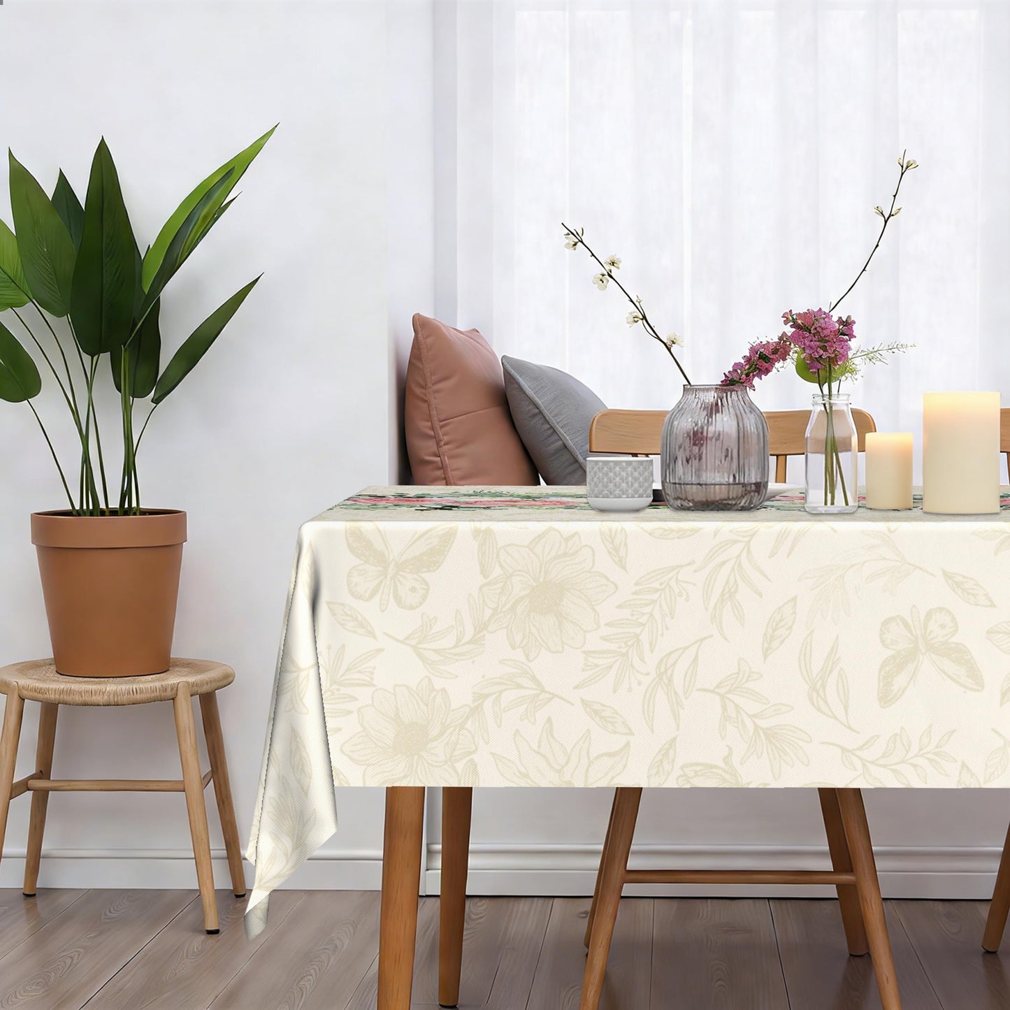 Kwlegh Spring Summer Tablecloth 60x84 Inch Rectangular Pink White Rose Flower Table Cover Green Eucalyptus Leaves Reusable Washable Tablecloths for Dining Decor Party Picnic Indoor Outdoor