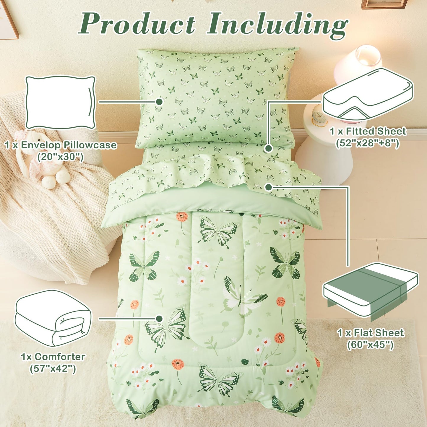 Mooreeke 4 Pieces Toddler Bedding Set - Soft Sage Green Butterfly Toddler Comforter Sets for Girls, Includes Quilted Comforter, Flat Sheet, Fitted Sheet and Pillowcase, Bed in A Bag for Baby Bedroom
