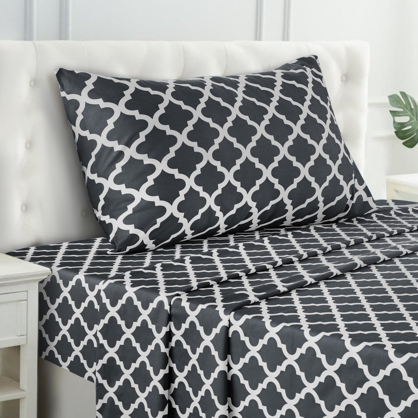 LUX Décor Quatrefoil Twin Sheet Set - 3 Piece Ultra-Soft Microfiber Bed Sheets with Flat Sheet, 16 Inches Deep Pocket Fitted Sheet & Pillowcases, Breathable, Bedroom Decor, Oeko- - Black