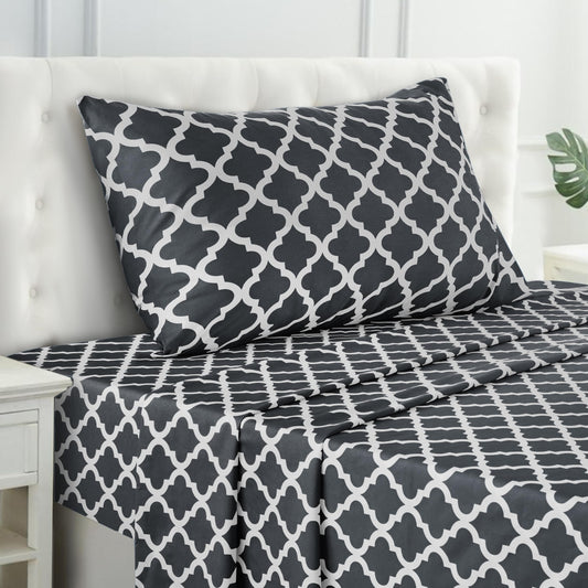 LUX Décor Quatrefoil Twin Sheet Set - 3 Piece Ultra-Soft Microfiber Bed Sheets with Flat Sheet, 16 Inches Deep Pocket Fitted Sheet & Pillowcases, Breathable, Bedroom Decor, Oeko- - Black