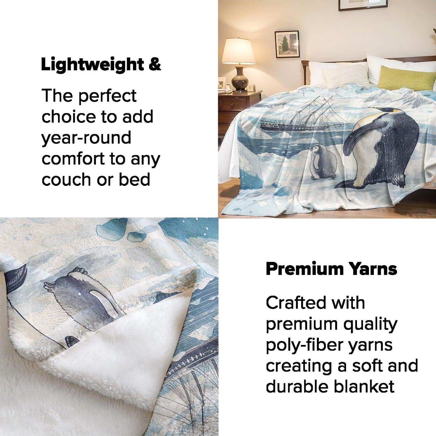 Turamurra Antarctic Expedition Penguin Blanket 50"x60", Cute Penguin Plush Blankets, Ideal for Home Decor, Couch, Bed, Travel, for Adults and Kids