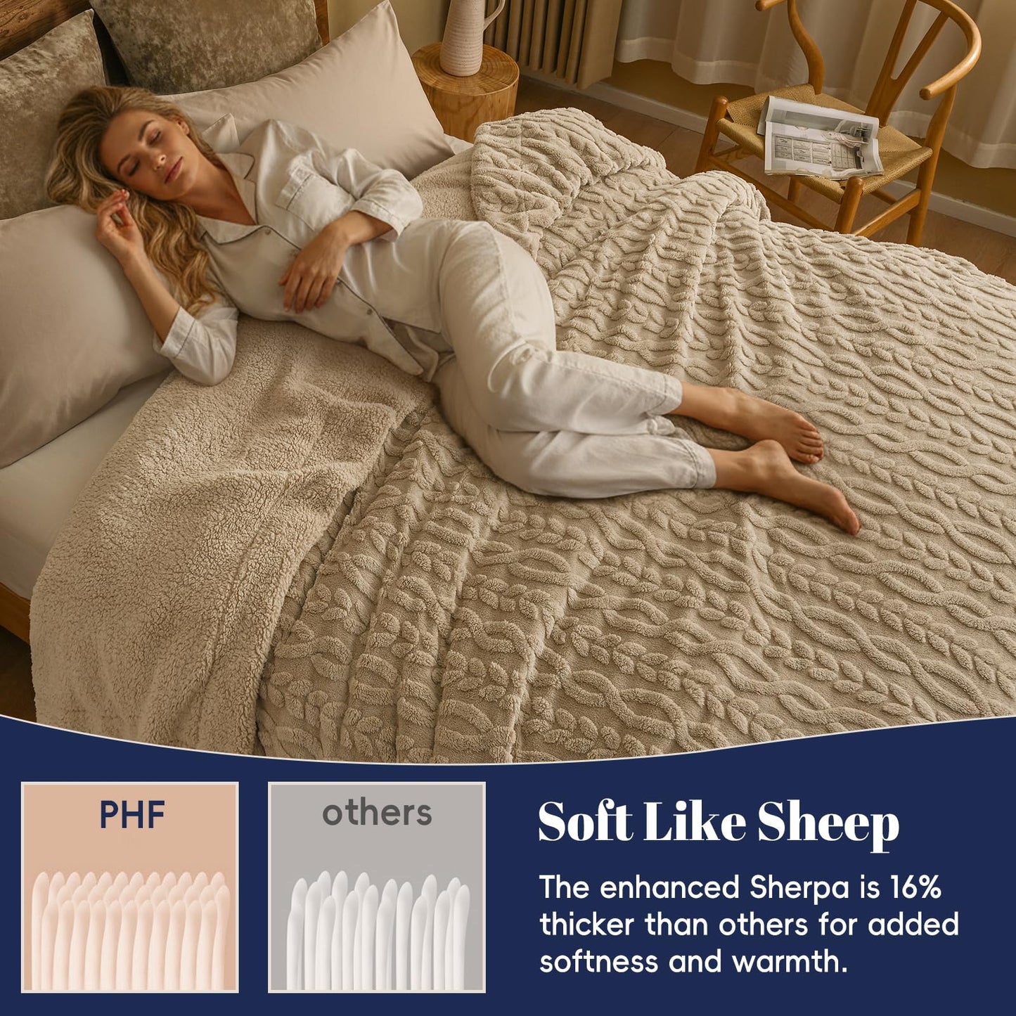 PHF Ultra Soft Sherpa Fleece Blanket Queen Size 90" x 90", 510GSM Fleece Lightweight Yet Warm Blanket for Winter Bed, No Shedding, No Pilling, Tufted Jacquard for Luxury Home Decor, Khaki