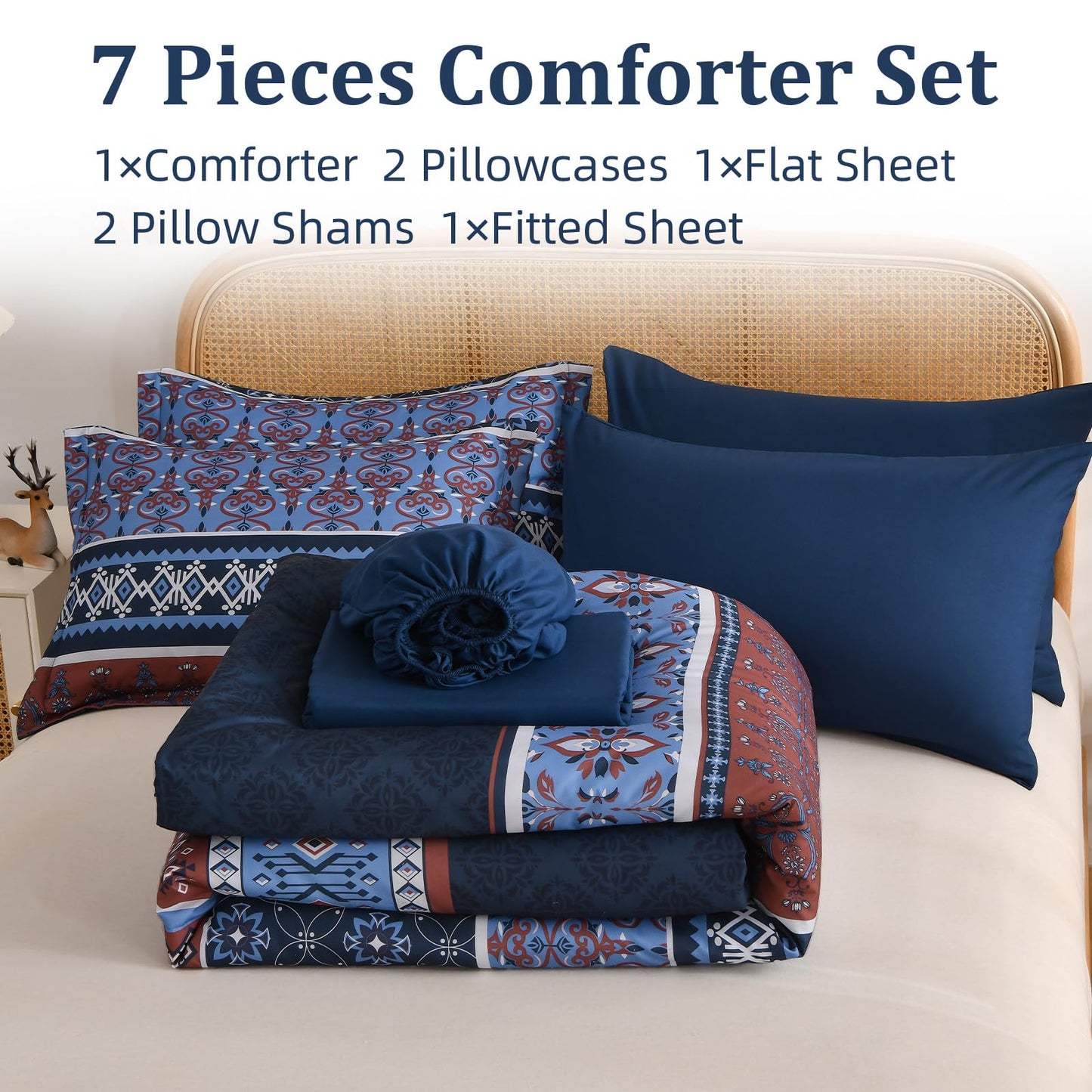 Boho Comforter Set Queen Size,7 Pieces Bohemian Comforter Bedding Set Bed in a Bag,Navy Blue Paisley Floral Comfortet and Sheet Set,Soft Striped Bedding Sets for All Season