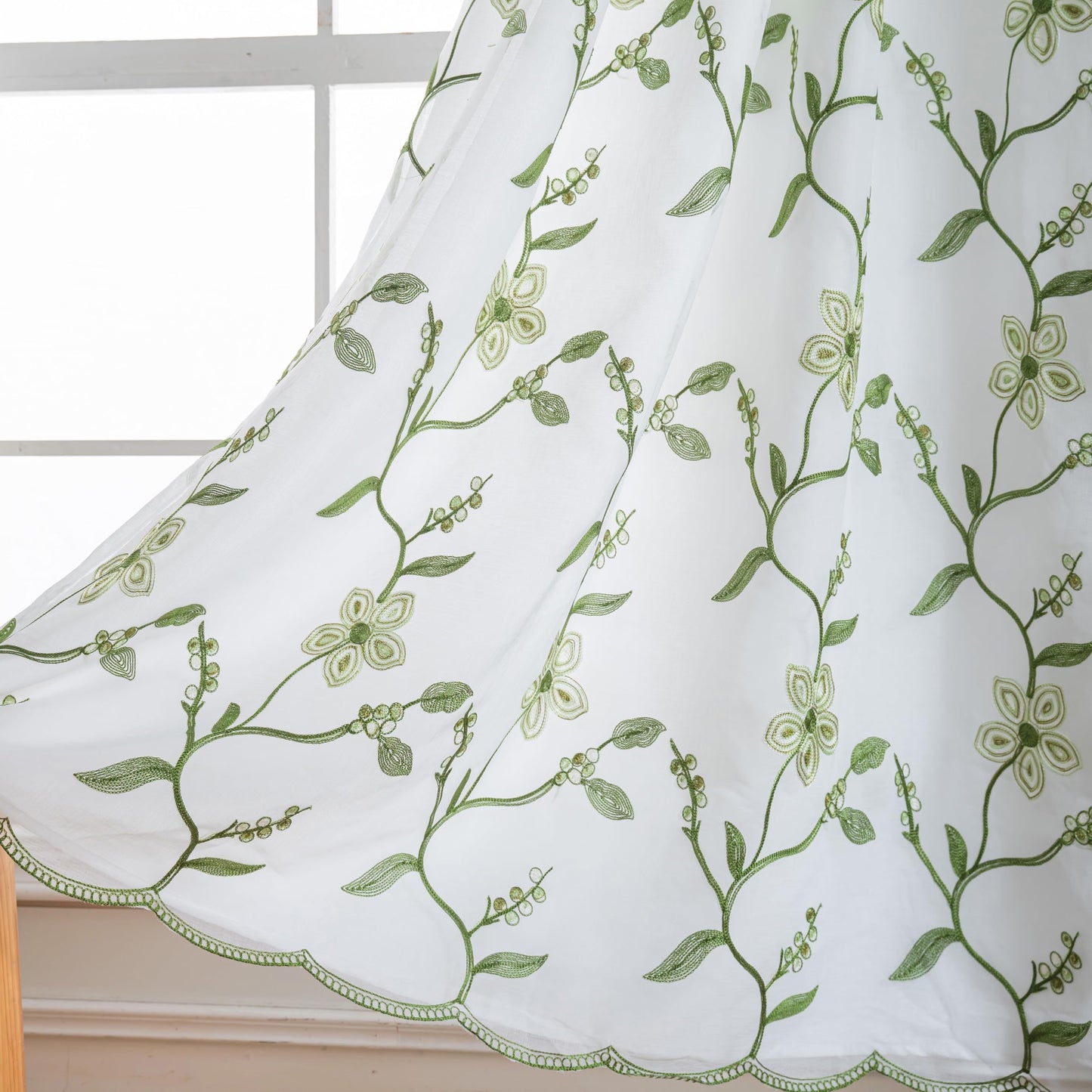 Petrichor Embroidered Sheer Curtain 2 Panels Set - Luxury Window Curtain Attached Valance with Satin Backing and 2 Tie Backs for Living Room,Dining Room, 54x84 inches, Sage Green