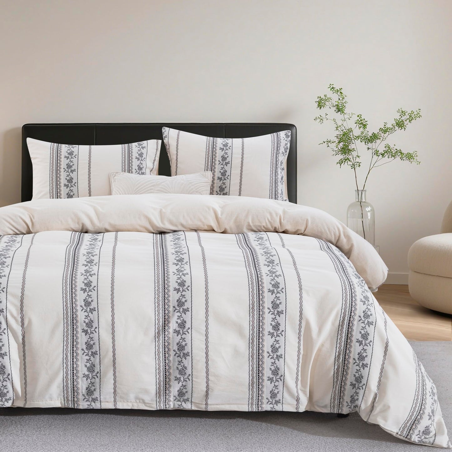 TodaFre Cotton Linen Duvet Cover King Size, Natural Rose Vine Stripe Textured Bedding Set, Cooling Moisture Wicking Breathable Linen Blend for Hot Sleepers (Off-White, 104" x 90")