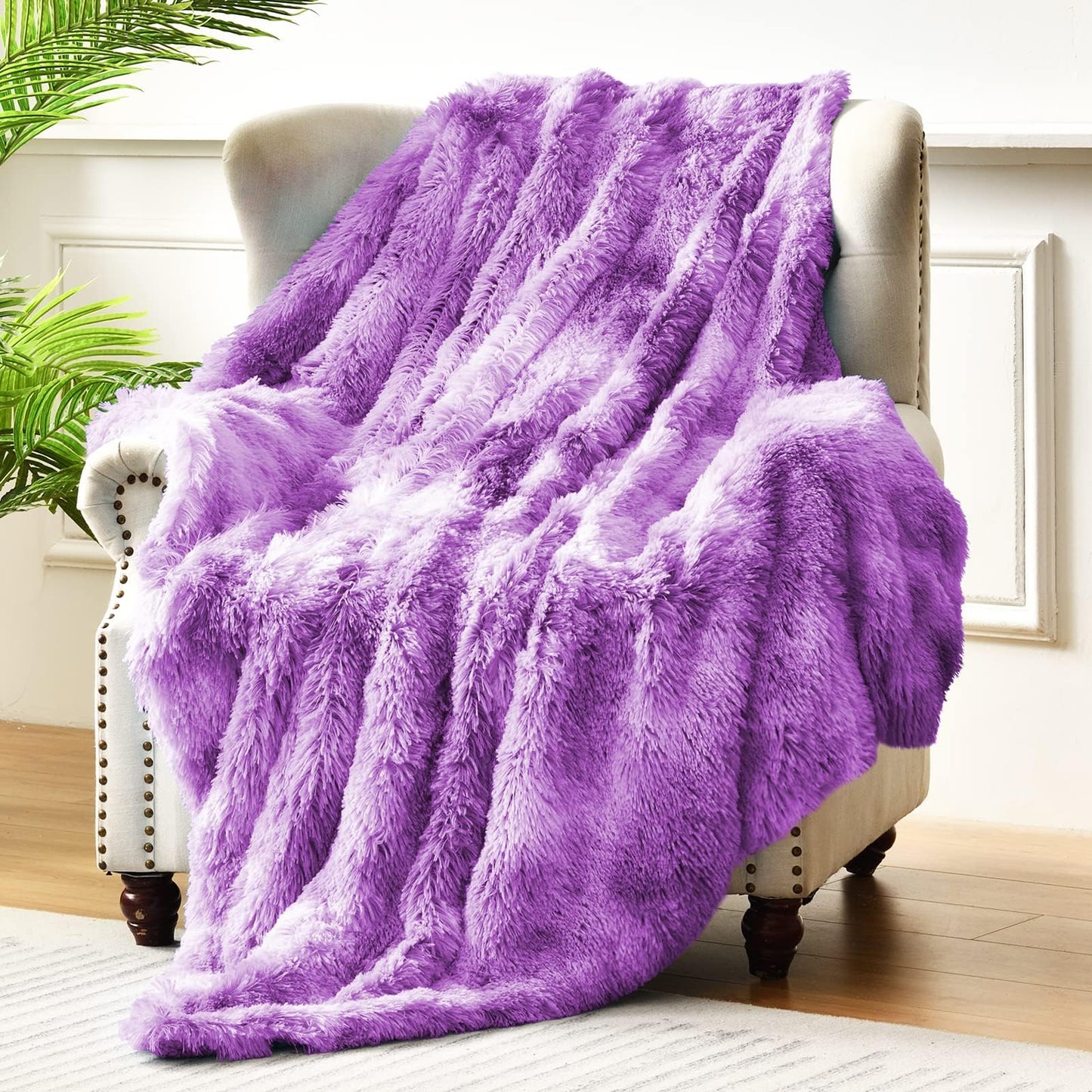 Exclusivo Mezcla Fuzzy Faux Fur Throw Blanket, Reversible Shaggy Sherpa Fleece Tie Dyed Blankets, Fluffy Plush Warm Throws for Couch, Bed, 50x60 Inches, Purple