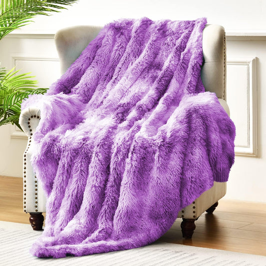 Exclusivo Mezcla Fuzzy Faux Fur Throw Blanket, Reversible Shaggy Sherpa Fleece Tie Dyed Blankets, Fluffy Plush Warm Throws for Couch, Bed, 50x60 Inches, Purple