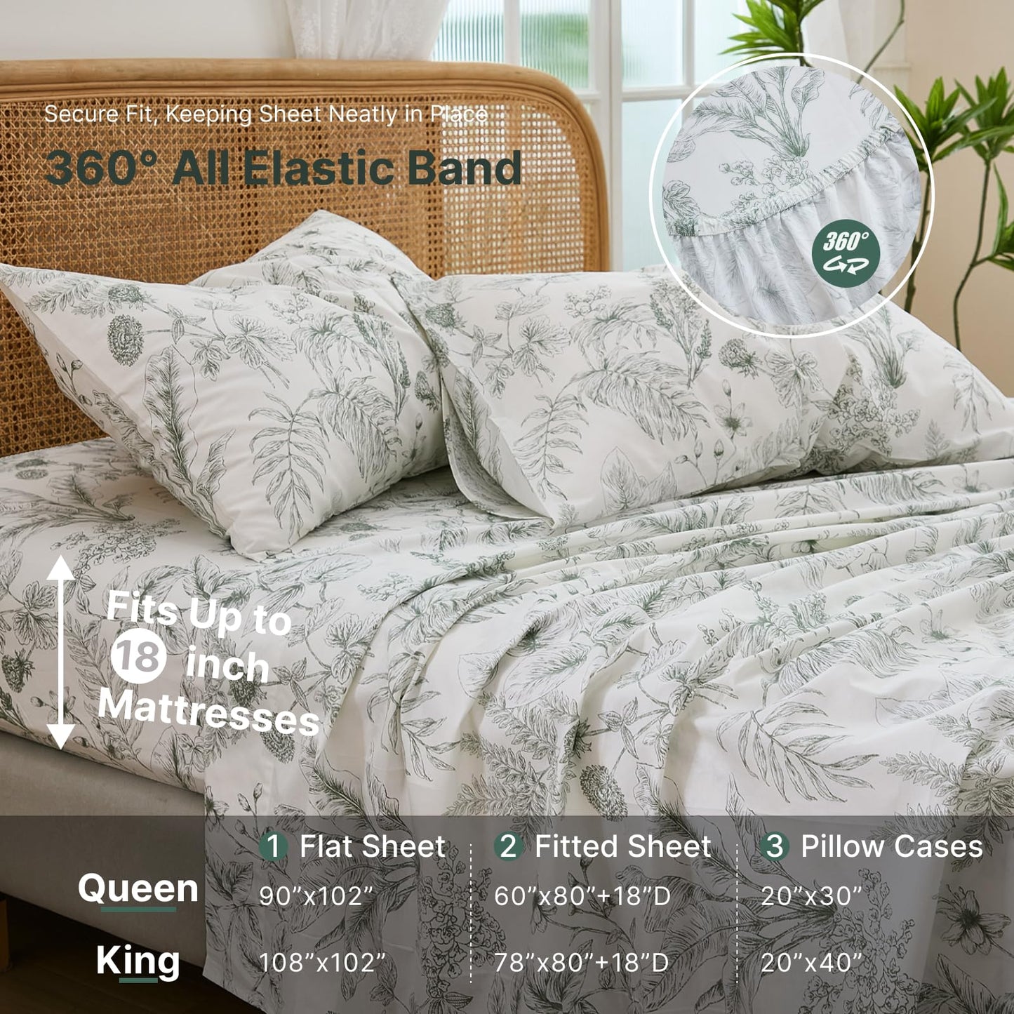 Cozaline 100% Cotton Sheet Set Queen Size – 4-Piece Chic Garden Floral Bedding Set, Soft Breathable Percale Weave, Deep Pocket Fitted Sheet 17.5", Crisp Cool Feel, Refined Botanical Elegance